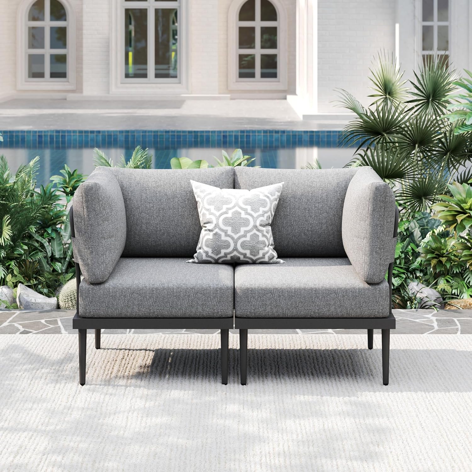 7 Pieces Metal Patio Furniture Sets, Outdoor Sectional Sofa Set with 6-Inch Olefin Cushion, Outdoor Furniture Set for Balcony, Patio & Courtyard, White