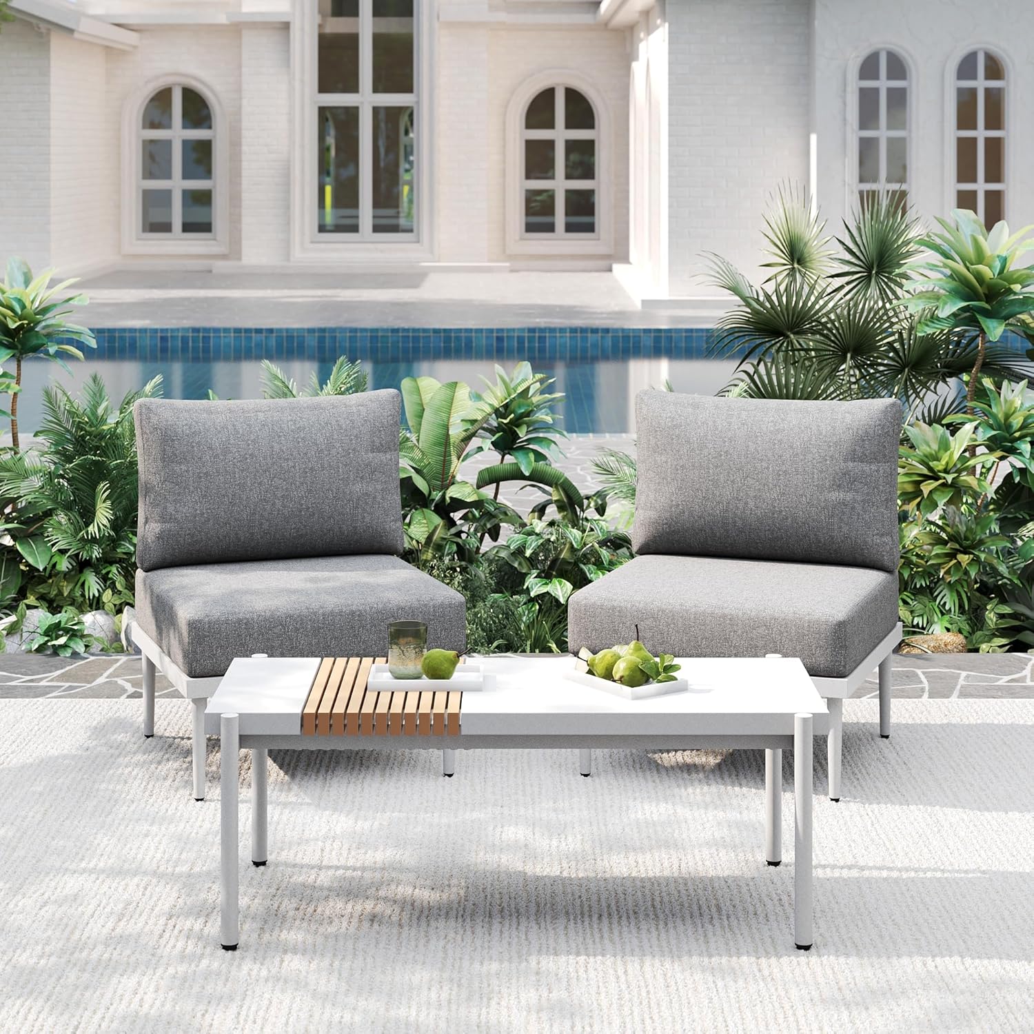 7 Pieces Metal Patio Furniture Sets, Outdoor Sectional Sofa Set with 6-Inch Olefin Cushion, Outdoor Furniture Set for Balcony, Patio & Courtyard, White
