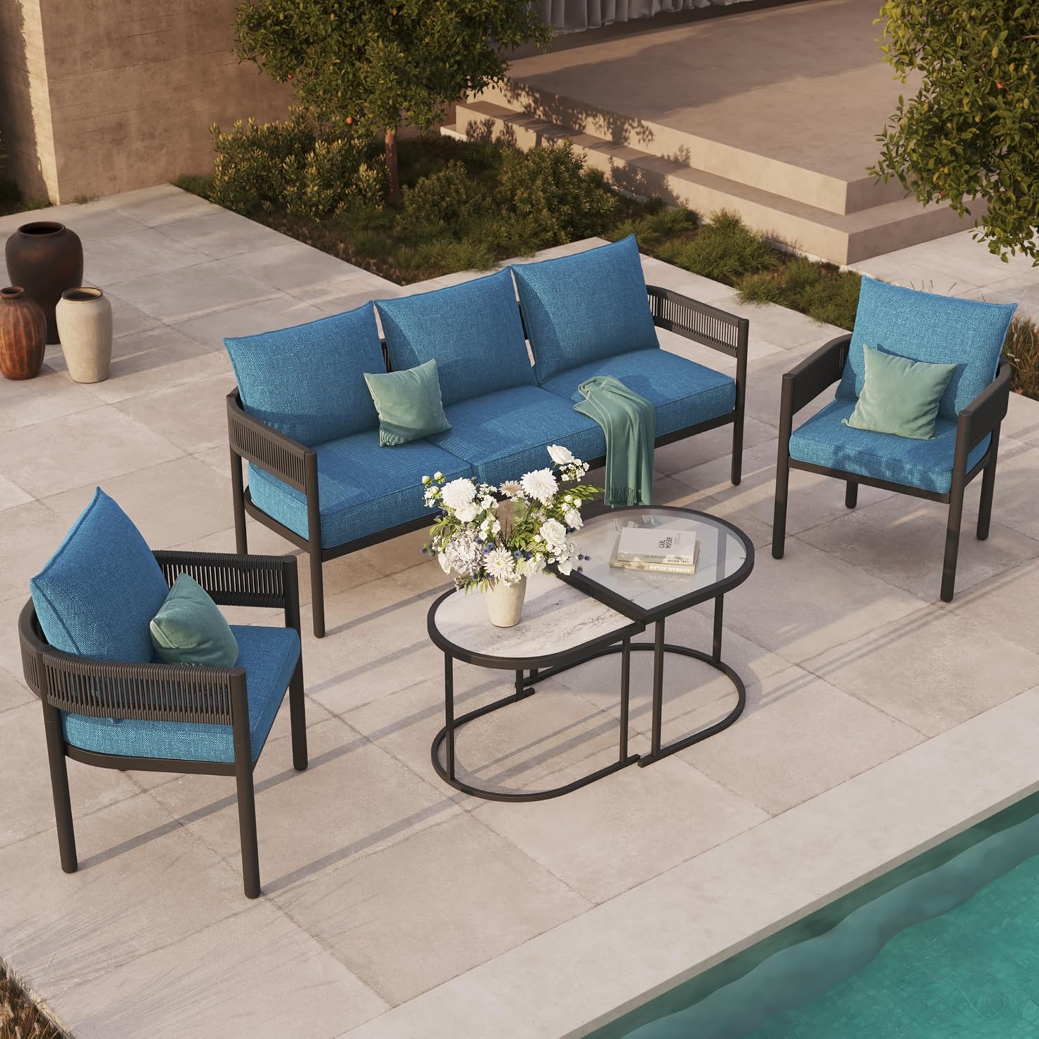 Grand patio 5-Piece Outdoor Furniture Set, 4 Seats Wicker Sofa Conversation Set with Thick Cushions and Coffee Table, for Backyard, Balcony, Garden (Peacock Blue)