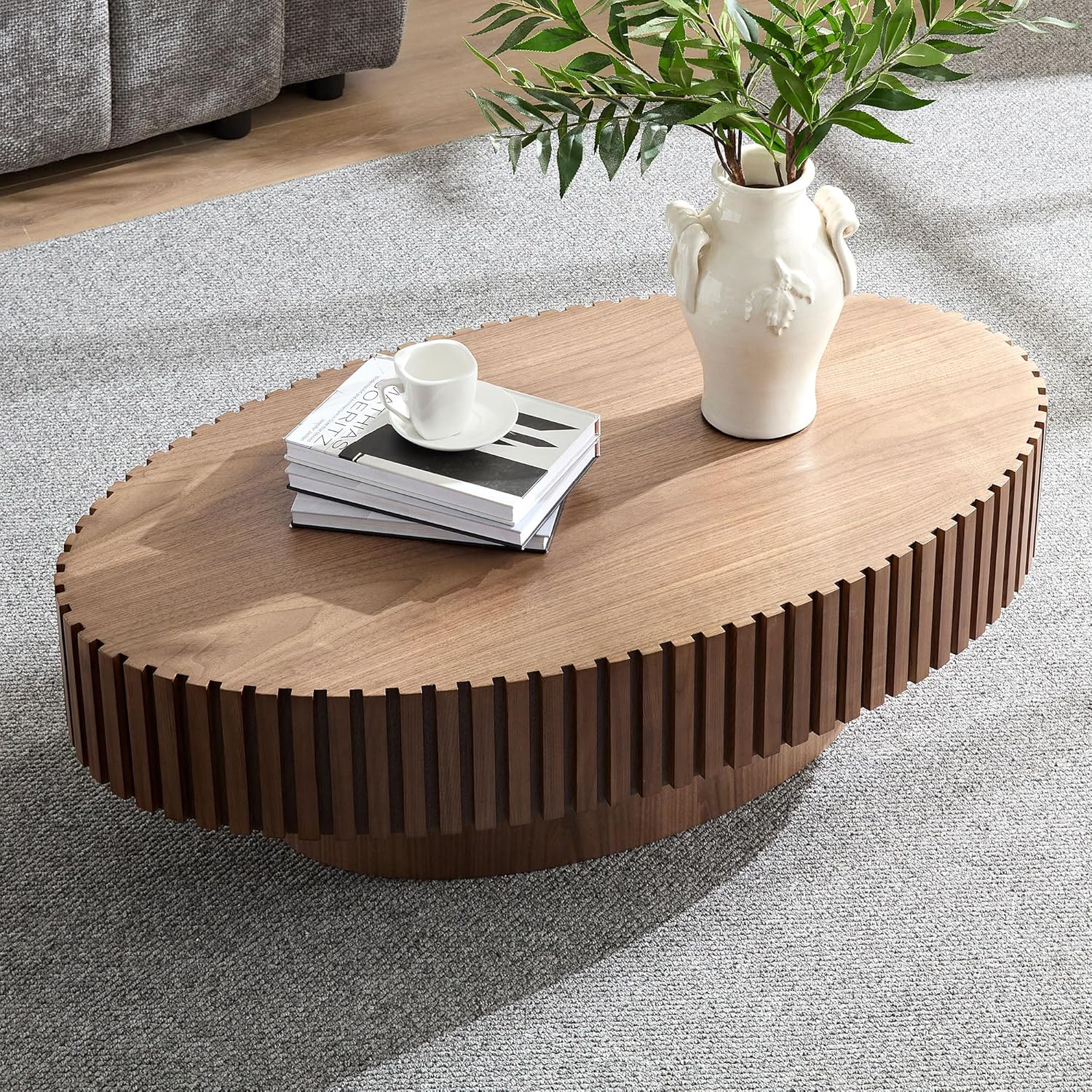 43.7'' Oval Wood Coffee Table,Modern Handcraft Drum Coffee Table for Living Room, Small Center Table with Sturdy Pedestal(Oak, L43.7 x W24.8 x H13.38)