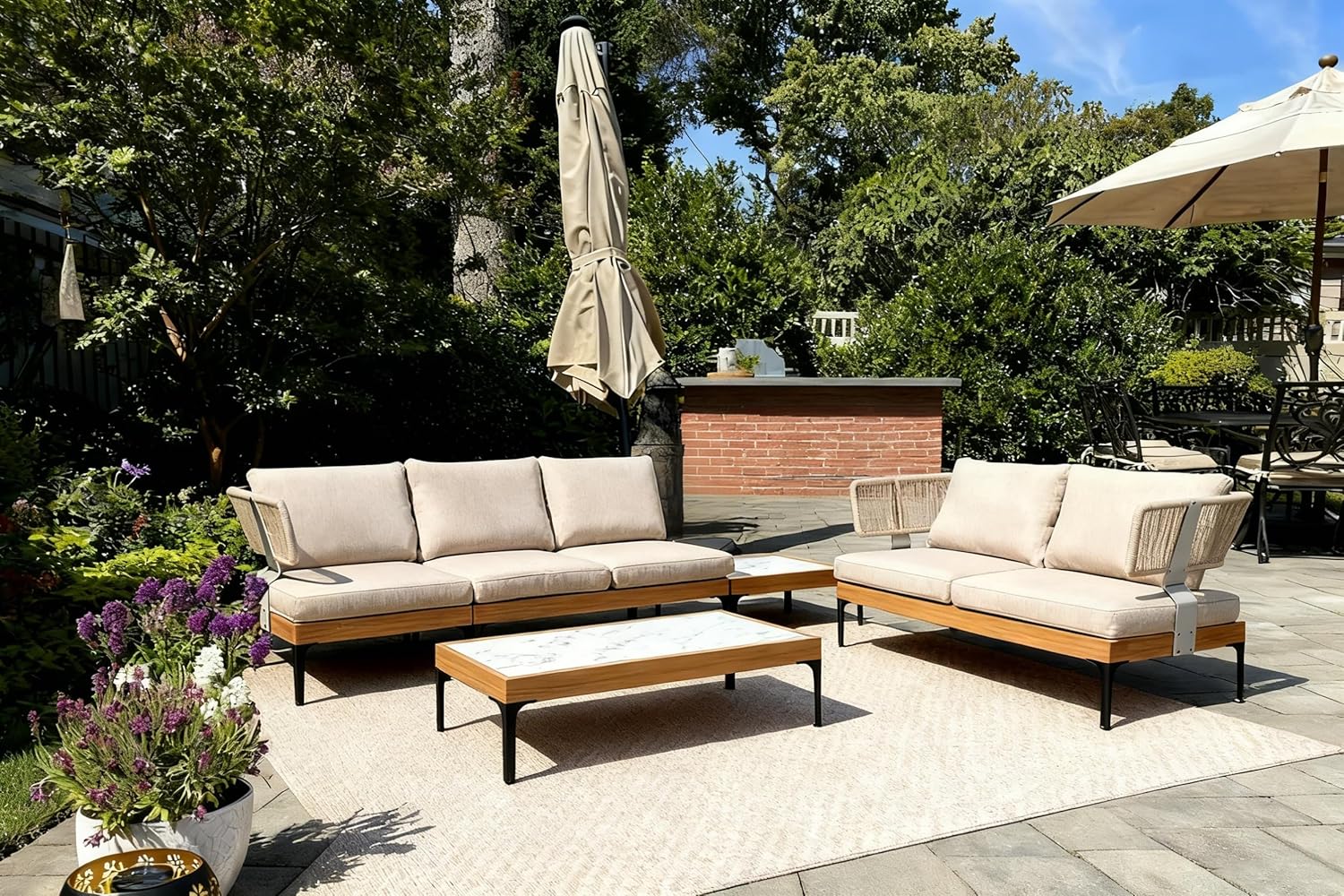 4 Pieces Patio Conversation Furniture Set Outdoor Aluminum Modern Wicker Sofa Chairs Sets with Coffee Table for Balcony Yard Garden Poolside, Cushions and Pillows Included