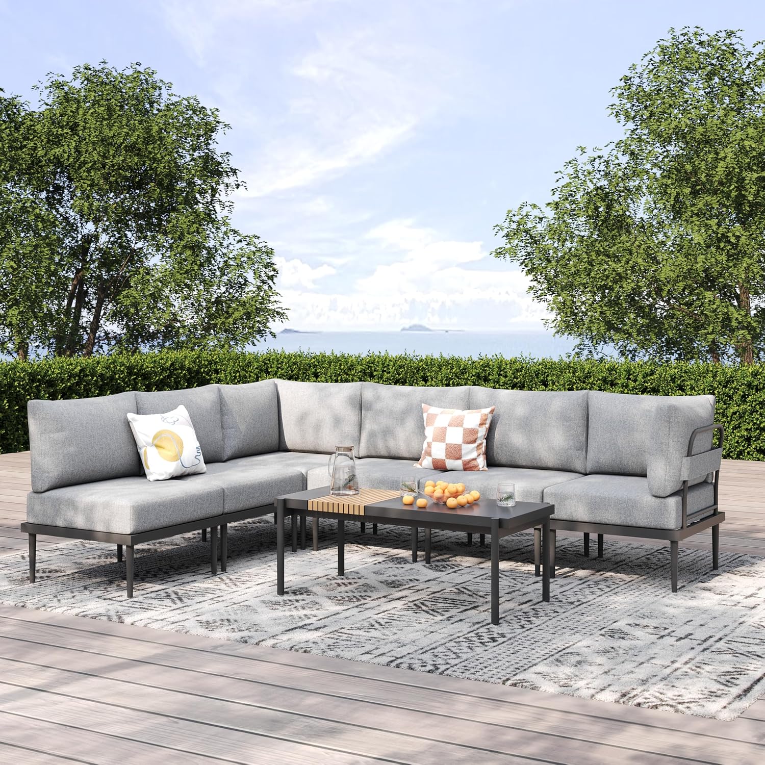 7 Pieces Metal Patio Furniture Sets, Outdoor Sectional Sofa Set with 6-Inch Olefin Cushion, Outdoor Furniture Set for Balcony, Patio & Courtyard, White