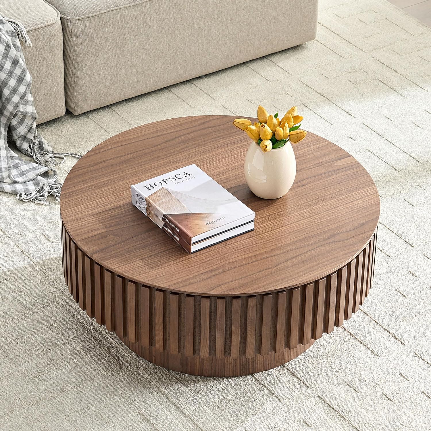 43.7'' Oval Wood Coffee Table,Modern Handcraft Drum Coffee Table for Living Room, Small Center Table with Sturdy Pedestal(Oak, L43.7 x W24.8 x H13.38)
