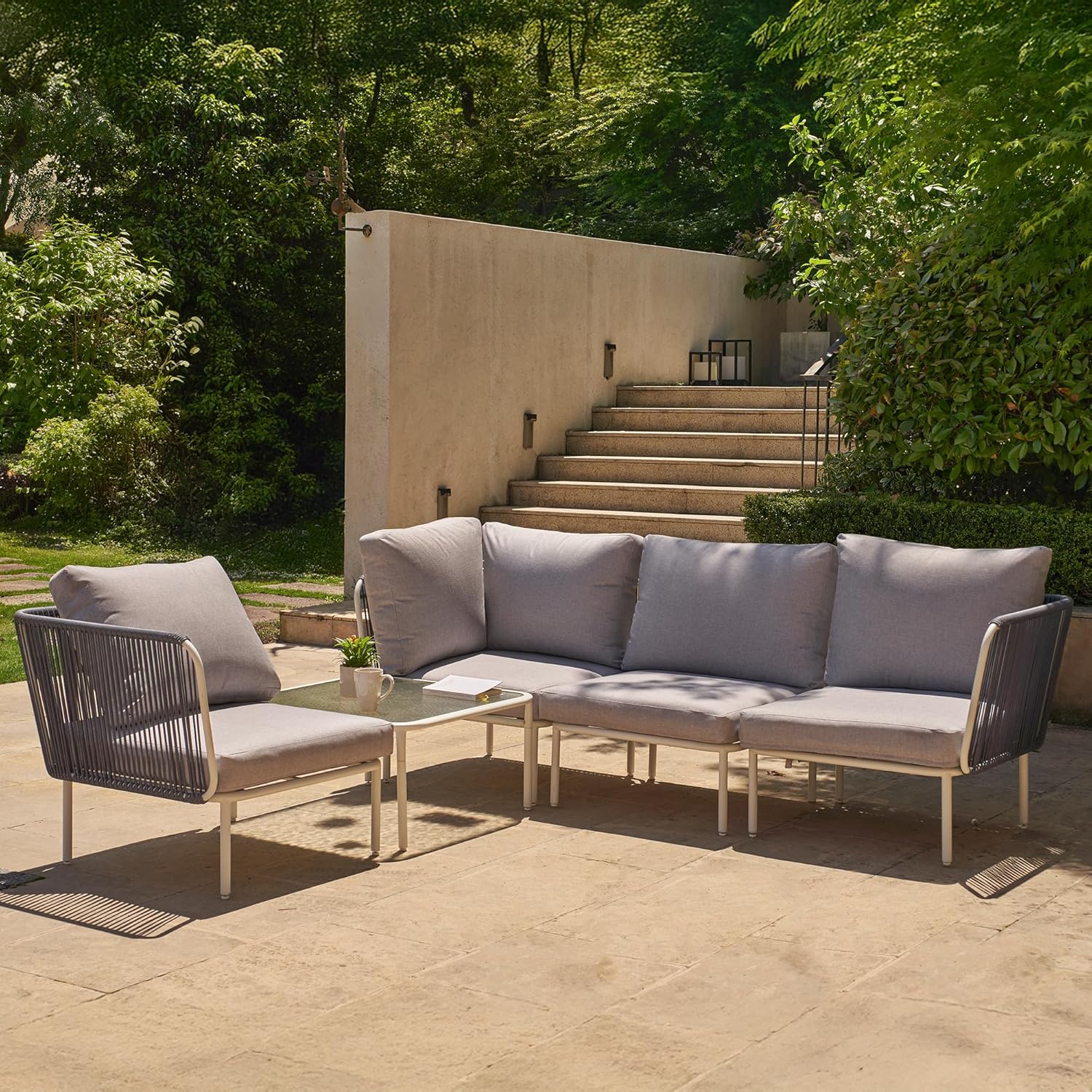 5-Piece Patio Furniture Set, Outdoor Sectional Sofa with Cushion and Glass Coffee Table, Modern Patio Conversation Set for Garden, Backyard and Porch, Grey