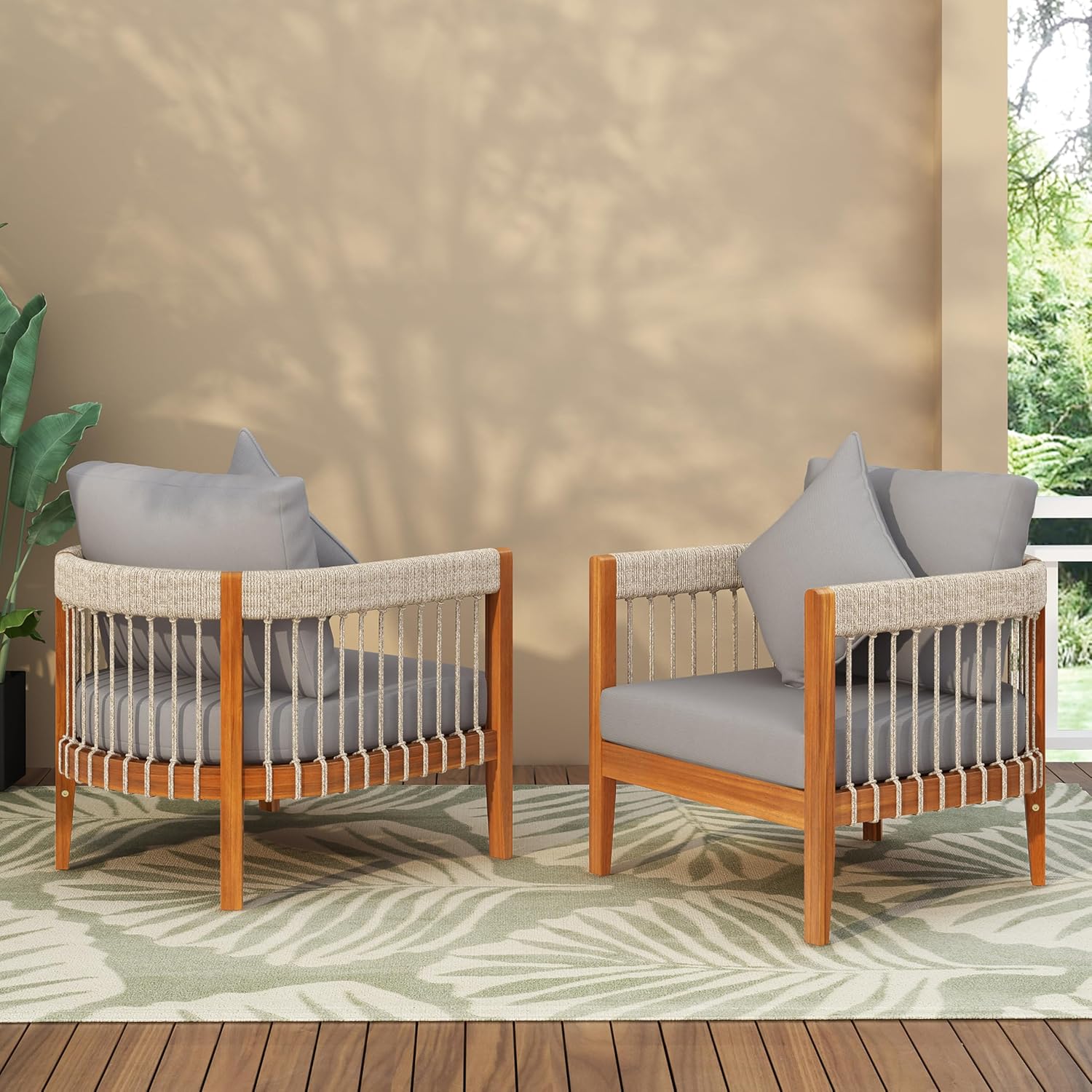 Outdoor Club Chairs Set of 2, All-Weather Acacia Wood Patio Armchair with Handwoven Rope Accents & Curved Backrest and Removable Cushions for Porch, Garden, Backyard, Balcony, Green+Beige