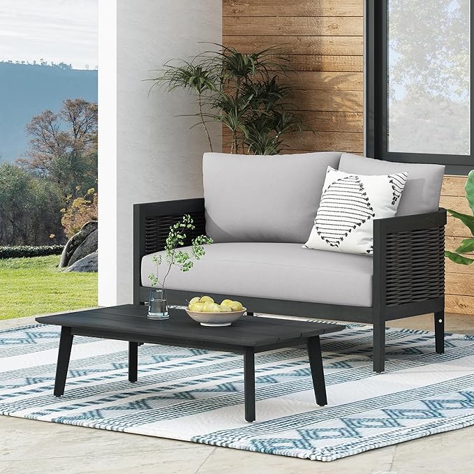  Home Ramos Patio Conversation Set, 2-Seater Sofa/Loveseat+Coffee Table, Acacia Wood+Wicker Cushion+Back Pillows, Outdoor Seating, Garden, Backyard, Poolside, Black + Light Grey