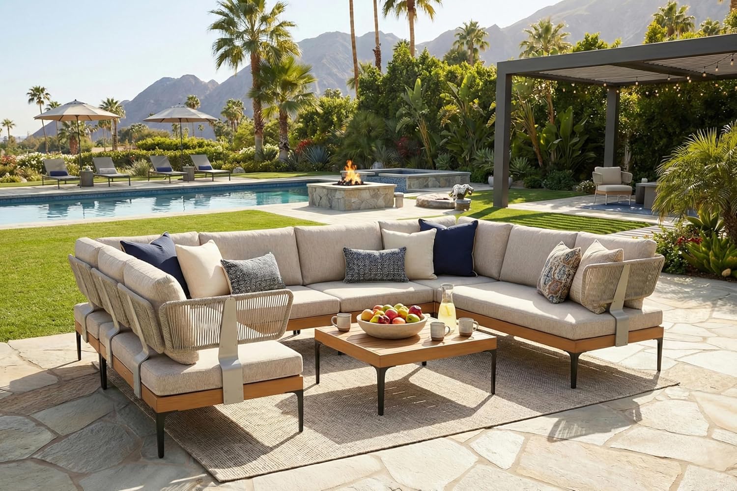 4 Pieces Patio Conversation Furniture Set Outdoor Aluminum Modern Wicker Sofa Chairs Sets with Coffee Table for Balcony Yard Garden Poolside, Cushions and Pillows Included