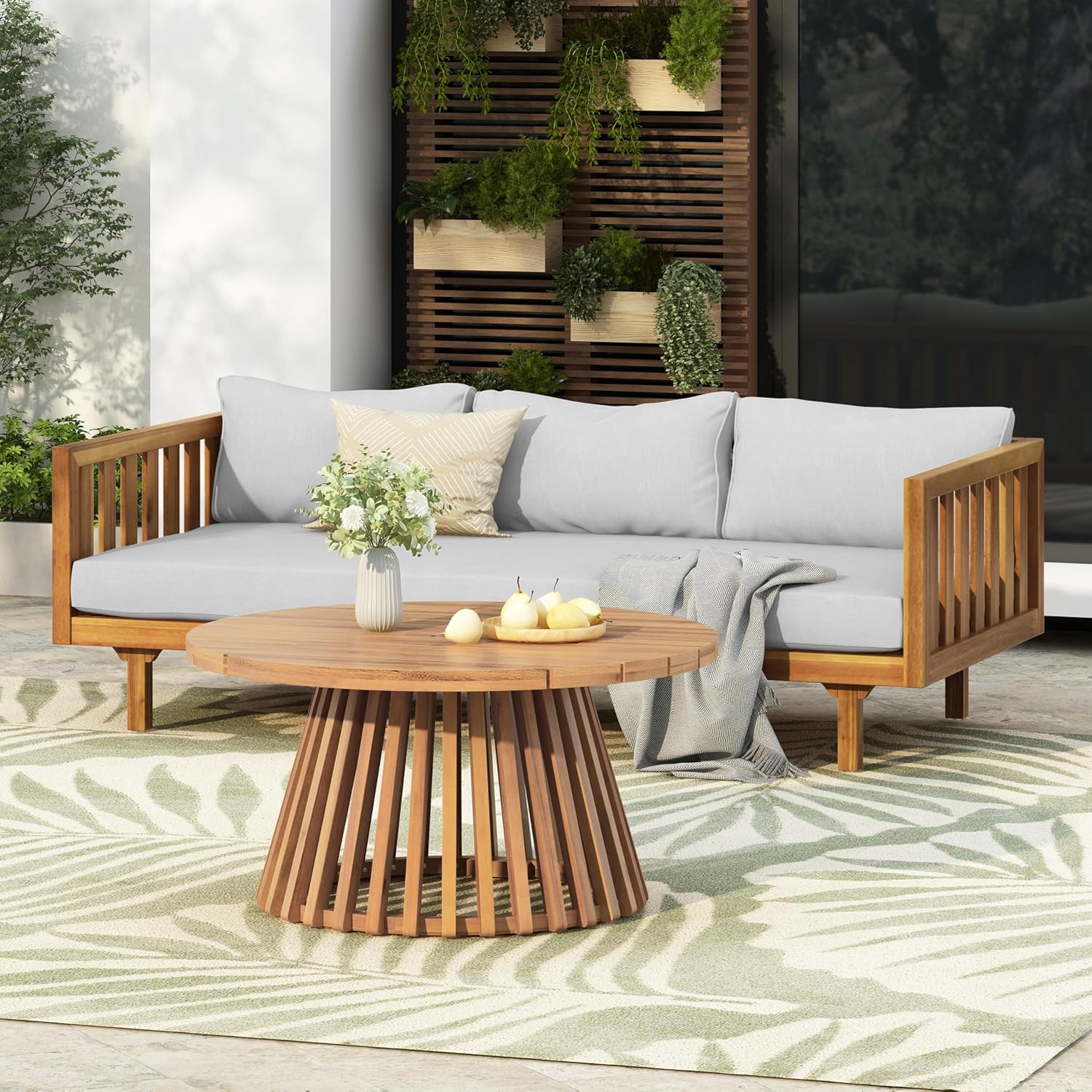 Outdoor Acacia Wood Conversation Set, 3-Seat Loveseat Sofa w/Coushion and Round Coffee Table for Backyard, Patio Furniture, Teak+Teal