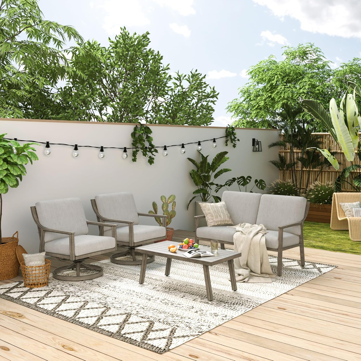 4-Piece Outdoor Patio Furniture Set for 5, Aluminum Outdoor Conversation Set Includes 1 Three-Seater Sofa, 2 Swivel Chairs, and 1 Coffee Table, Perfect for Porch, Deck, Garden, (Beige)