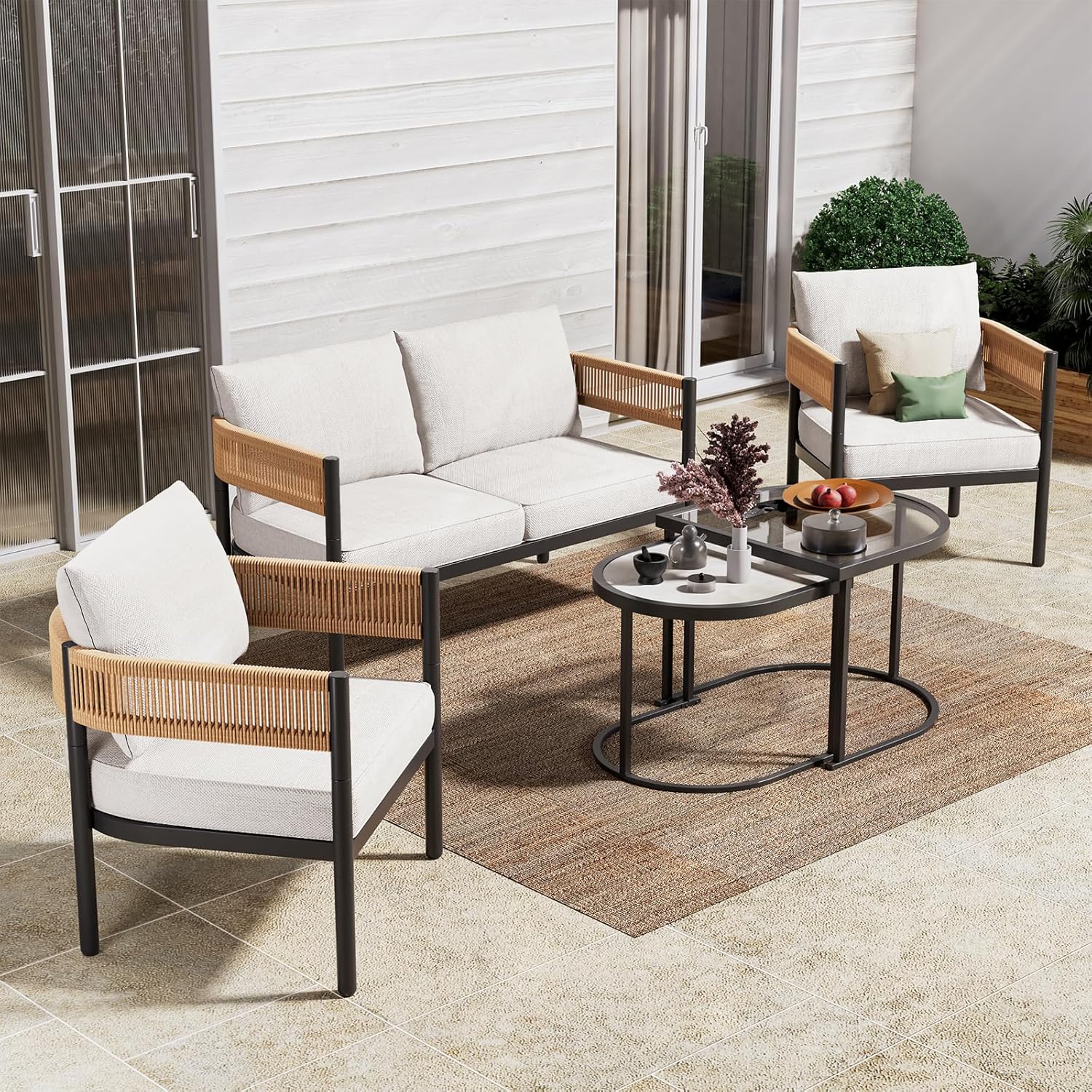 Grand patio 5-Piece Outdoor Furniture Set, 4 Seats Wicker Sofa Conversation Set with Thick Cushions and Coffee Table, for Backyard, Balcony, Garden (Peacock Blue)