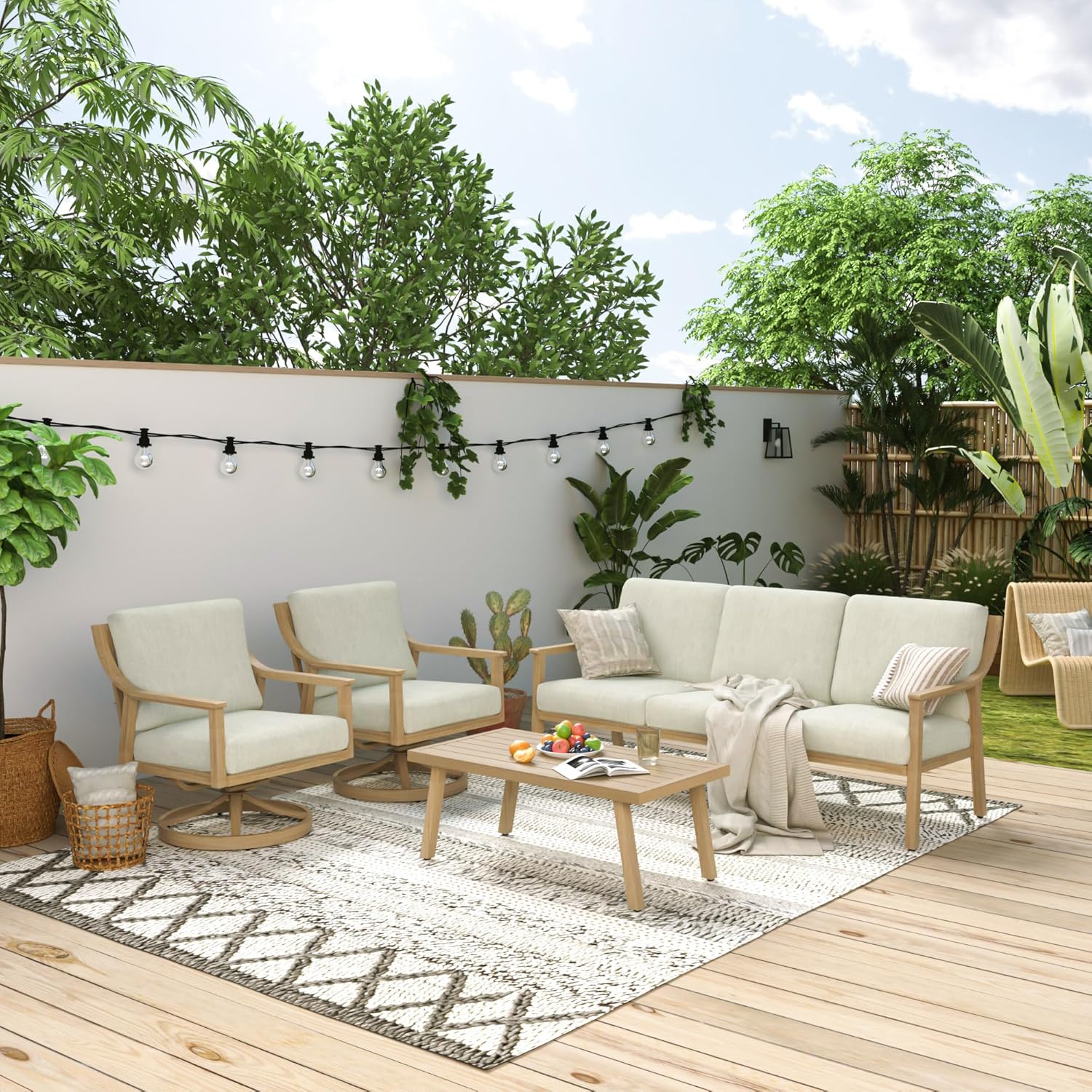 4-Piece Outdoor Patio Furniture Set for 5, Aluminum Outdoor Conversation Set Includes 1 Three-Seater Sofa, 2 Swivel Chairs, and 1 Coffee Table, Perfect for Porch, Deck, Garden, (Beige)