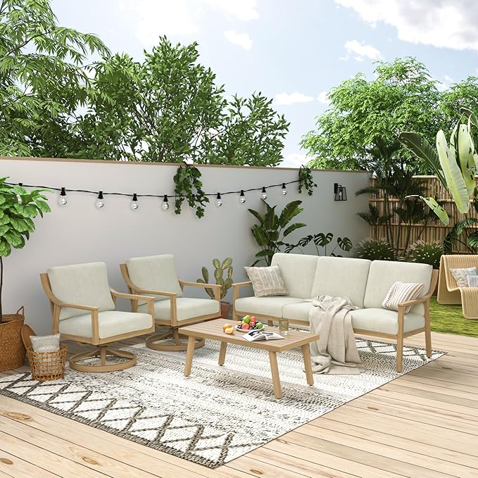 4-Piece Outdoor Patio Furniture Set for 5, Aluminum Outdoor Conversation Set Includes 1 Three-Seater Sofa, 2 Swivel Chairs, and 1 Coffee Table, Perfect for Porch, Deck, Garden, (Beige)