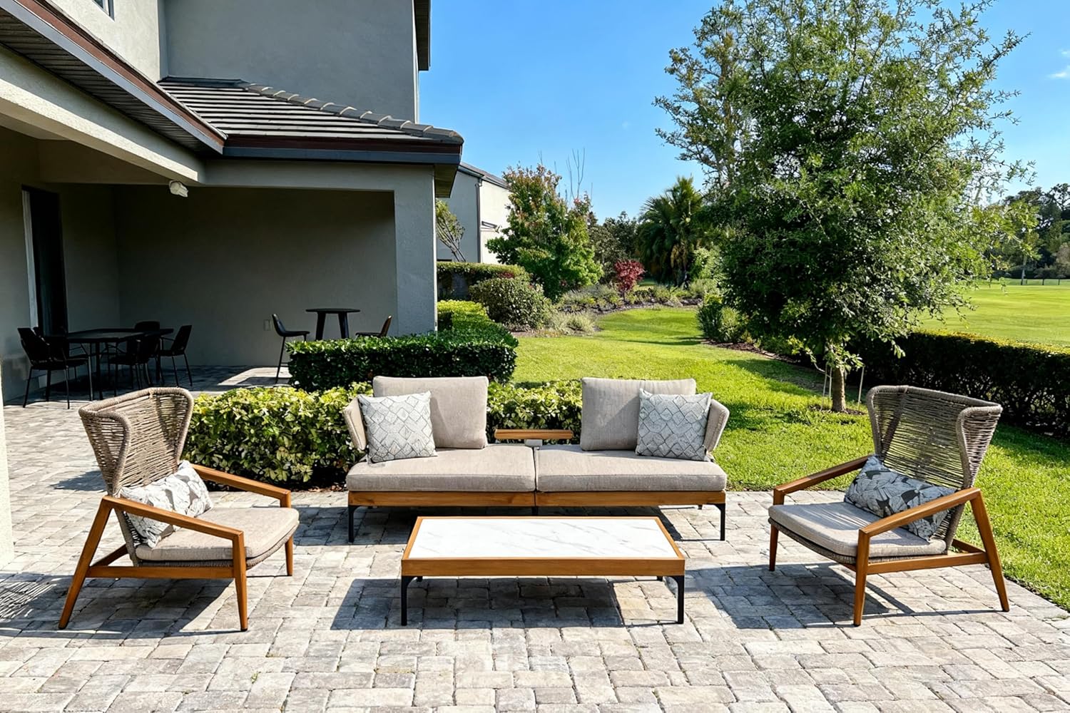 4 Pieces Patio Conversation Furniture Set Outdoor Aluminum Modern Wicker Sofa Chairs Sets with Coffee Table for Balcony Yard Garden Poolside, Cushions and Pillows Included