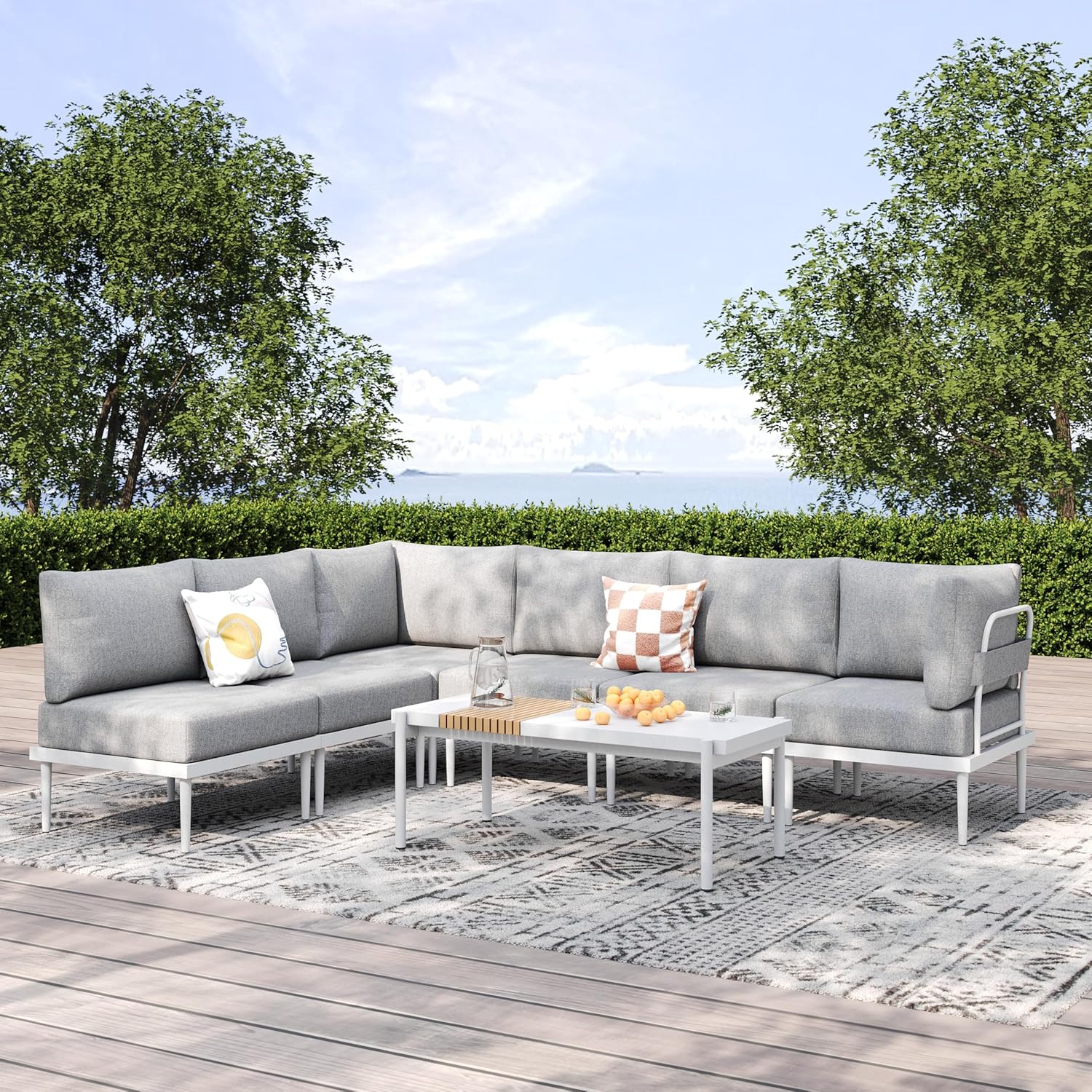 7 Pieces Metal Patio Furniture Sets, Outdoor Sectional Sofa Set with 6-Inch Olefin Cushion, Outdoor Furniture Set for Balcony, Patio & Courtyard, White