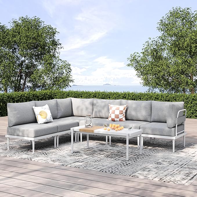 7 Pieces Metal Patio Furniture Sets, Outdoor Sectional Sofa Set with 6-Inch Olefin Cushion, Outdoor Furniture Set for Balcony, Patio & Courtyard, White