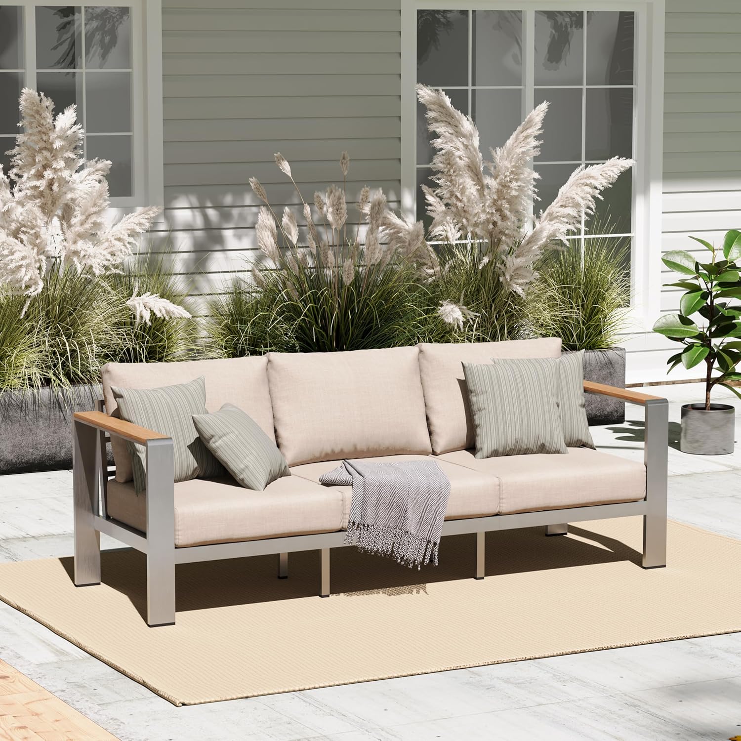 Aluminum Outdoor Patio Furniture, 3 Seats All-Weather Outdoor Patio Sofa with Washable Thick Cushion, Patio Sofa Couch for Porch, Balcony, Deck, Yard, White