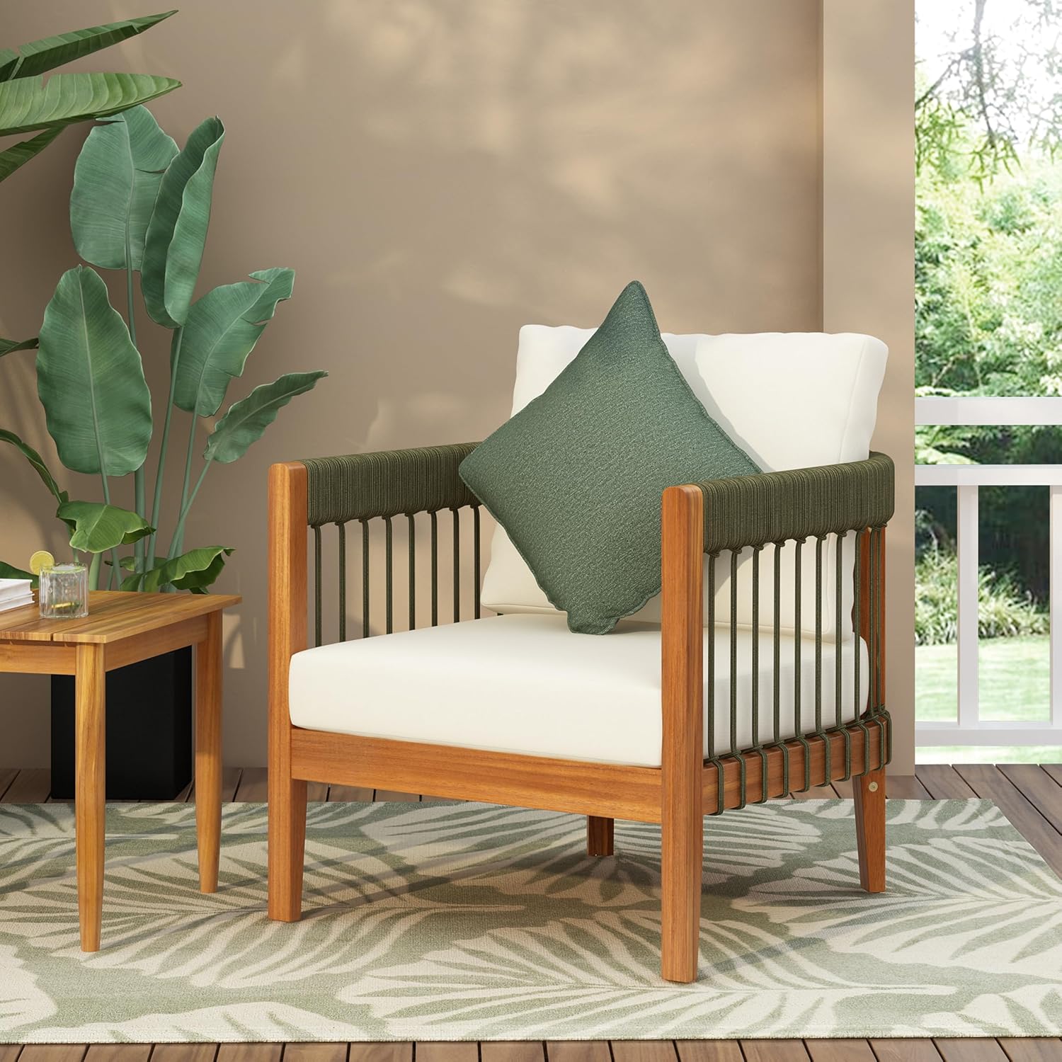 Outdoor Club Chairs Set of 2, All-Weather Acacia Wood Patio Armchair with Handwoven Rope Accents & Curved Backrest and Removable Cushions for Porch, Garden, Backyard, Balcony, Green+Beige