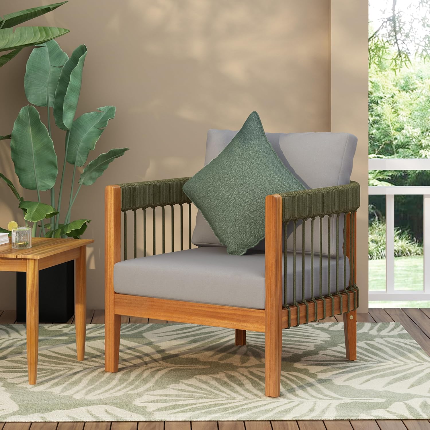 Outdoor Club Chairs Set of 2, All-Weather Acacia Wood Patio Armchair with Handwoven Rope Accents & Curved Backrest and Removable Cushions for Porch, Garden, Backyard, Balcony, Green+Beige