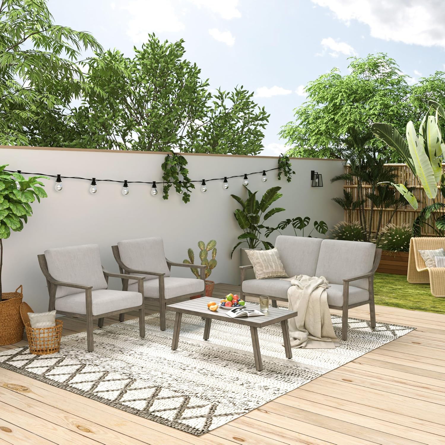 4-Piece Outdoor Patio Furniture Set for 5, Aluminum Outdoor Conversation Set Includes 1 Three-Seater Sofa, 2 Swivel Chairs, and 1 Coffee Table, Perfect for Porch, Deck, Garden, (Beige)