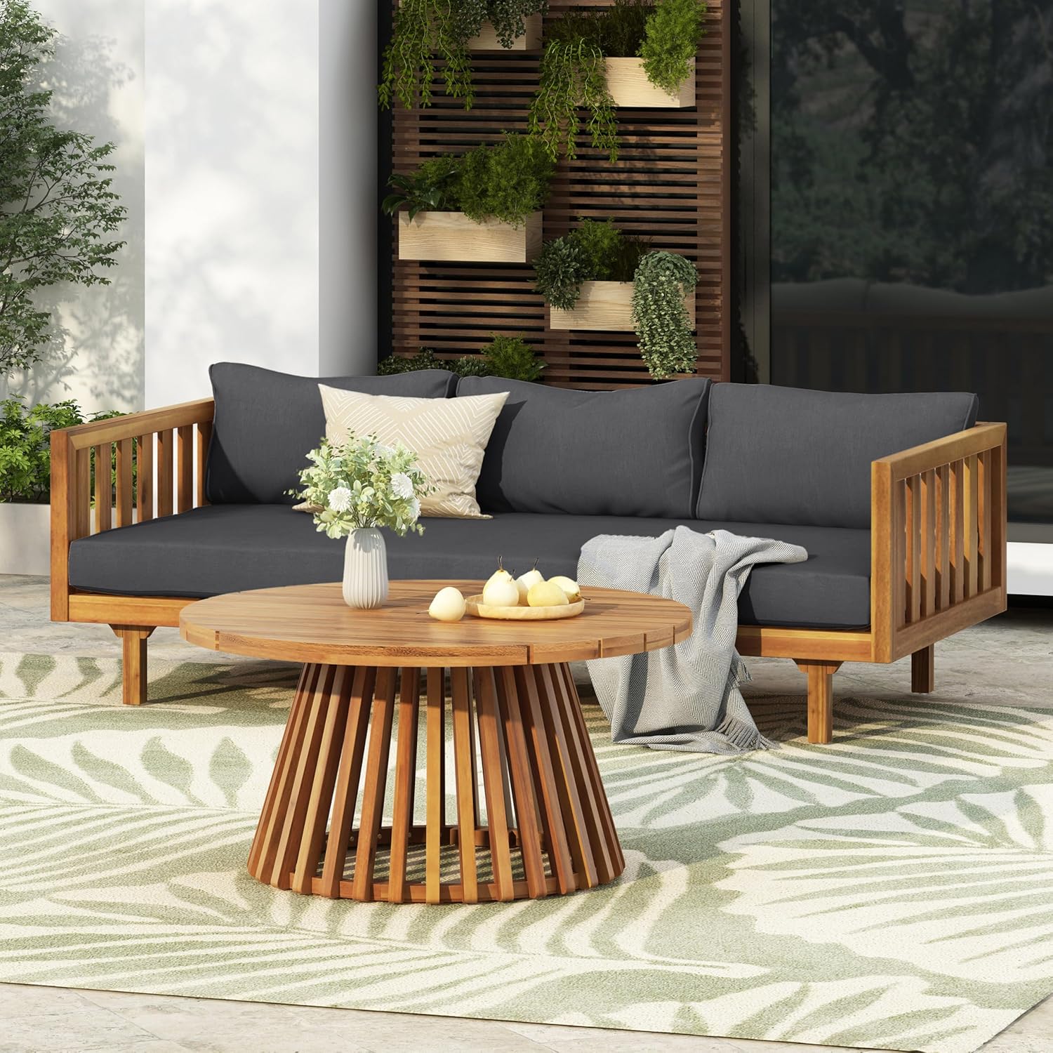 Outdoor Acacia Wood Conversation Set, 3-Seat Loveseat Sofa w/Coushion and Round Coffee Table for Backyard, Patio Furniture, Teak+Teal