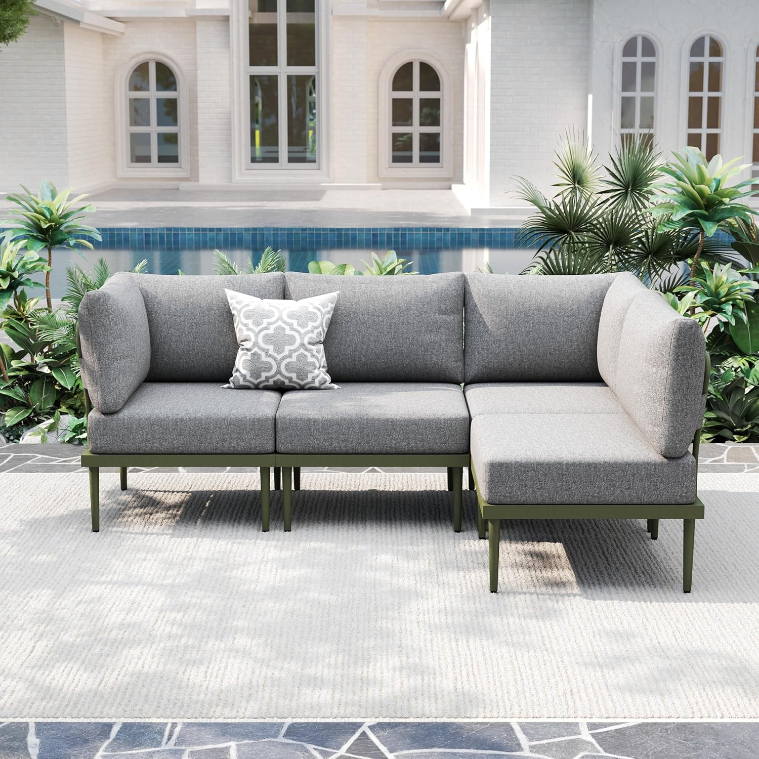 7 Pieces Metal Patio Furniture Sets, Outdoor Sectional Sofa Set with 6-Inch Olefin Cushion, Outdoor Furniture Set for Balcony, Patio & Courtyard, White