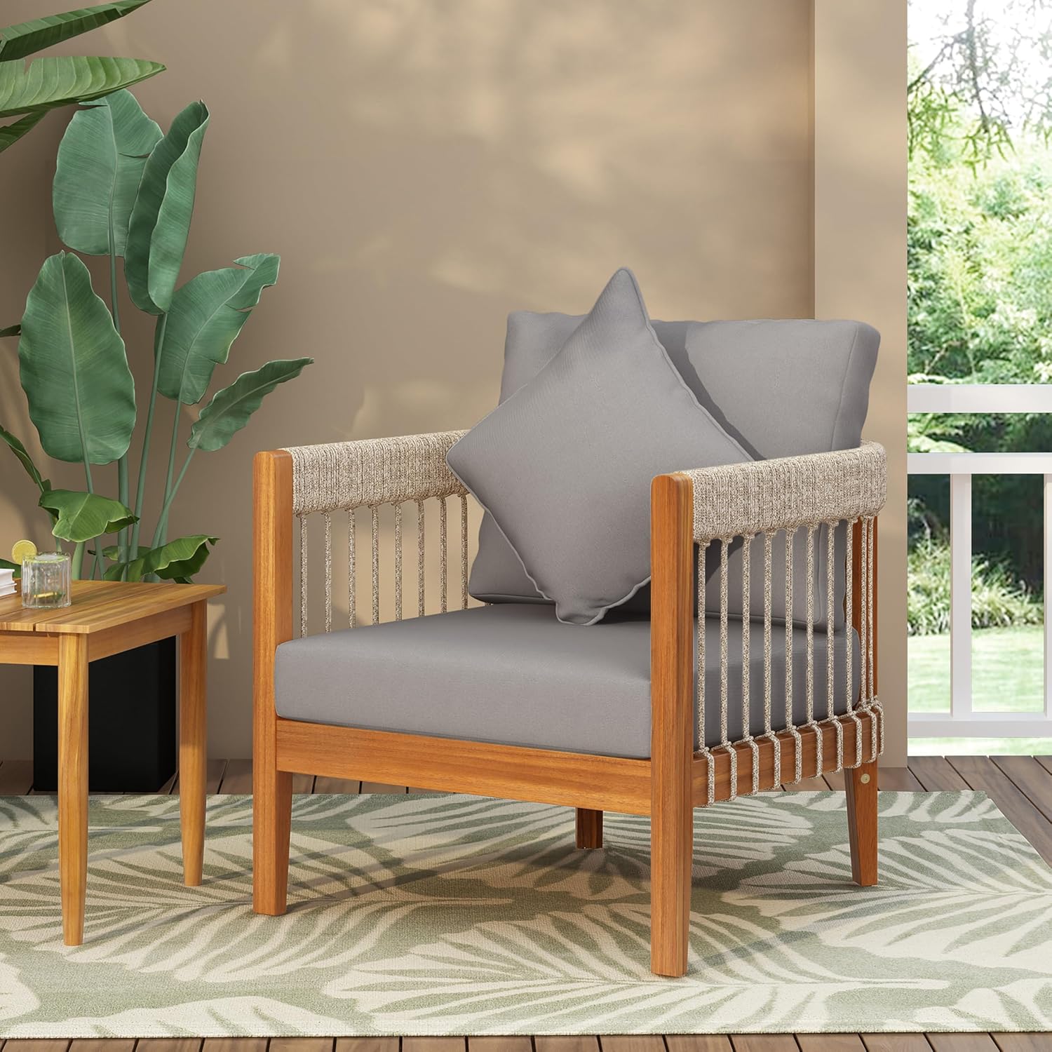 Outdoor Club Chairs Set of 2, All-Weather Acacia Wood Patio Armchair with Handwoven Rope Accents & Curved Backrest and Removable Cushions for Porch, Garden, Backyard, Balcony, Green+Beige