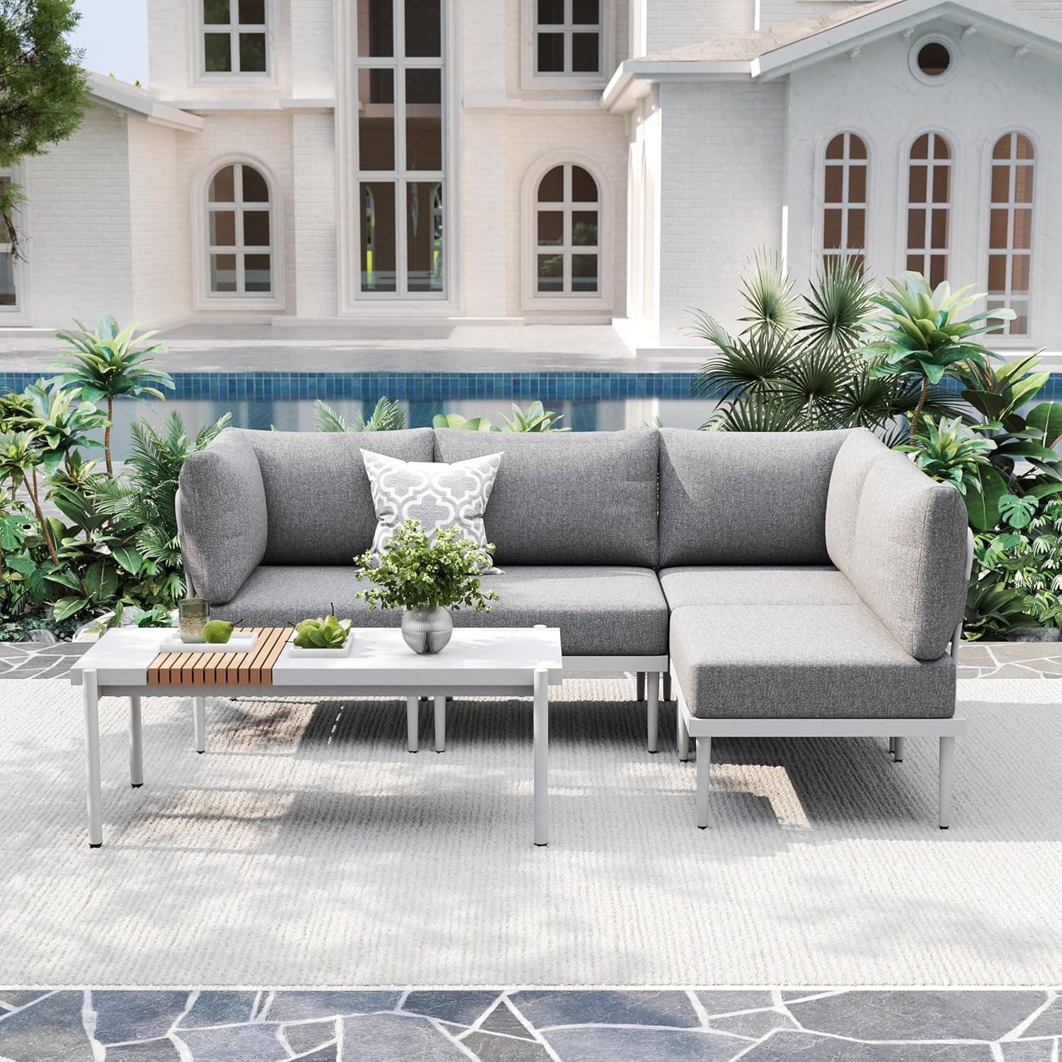 7 Pieces Metal Patio Furniture Sets, Outdoor Sectional Sofa Set with 6-Inch Olefin Cushion, Outdoor Furniture Set for Balcony, Patio & Courtyard, White