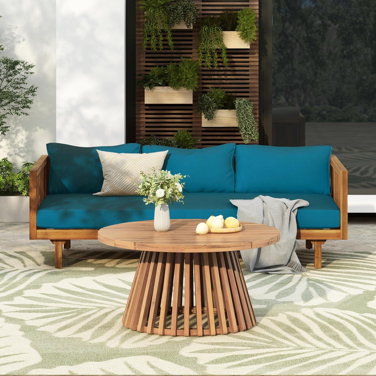 Outdoor Acacia Wood Conversation Set, 3-Seat Loveseat Sofa w/Coushion and Round Coffee Table for Backyard, Patio Furniture, Teak+Teal