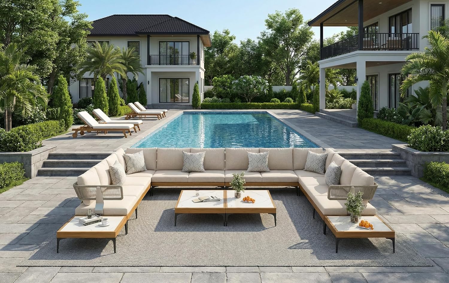 4 Pieces Patio Conversation Furniture Set Outdoor Aluminum Modern Wicker Sofa Chairs Sets with Coffee Table for Balcony Yard Garden Poolside, Cushions and Pillows Included