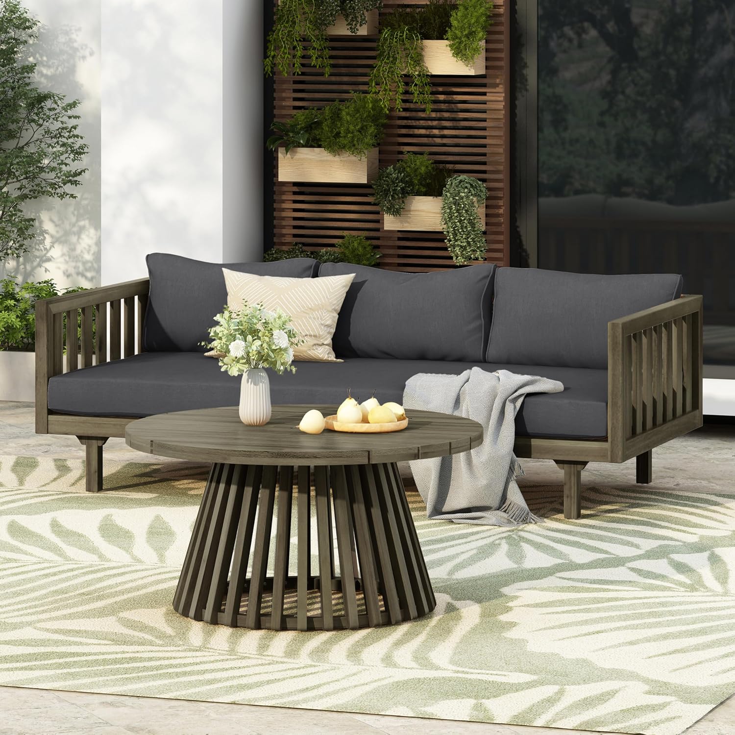 Outdoor Acacia Wood Conversation Set, 3-Seat Loveseat Sofa w/Coushion and Round Coffee Table for Backyard, Patio Furniture, Teak+Teal