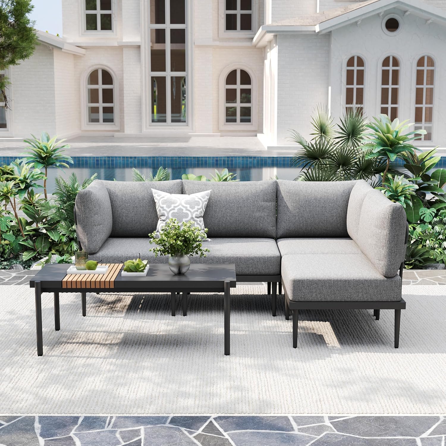 7 Pieces Metal Patio Furniture Sets, Outdoor Sectional Sofa Set with 6-Inch Olefin Cushion, Outdoor Furniture Set for Balcony, Patio & Courtyard, White