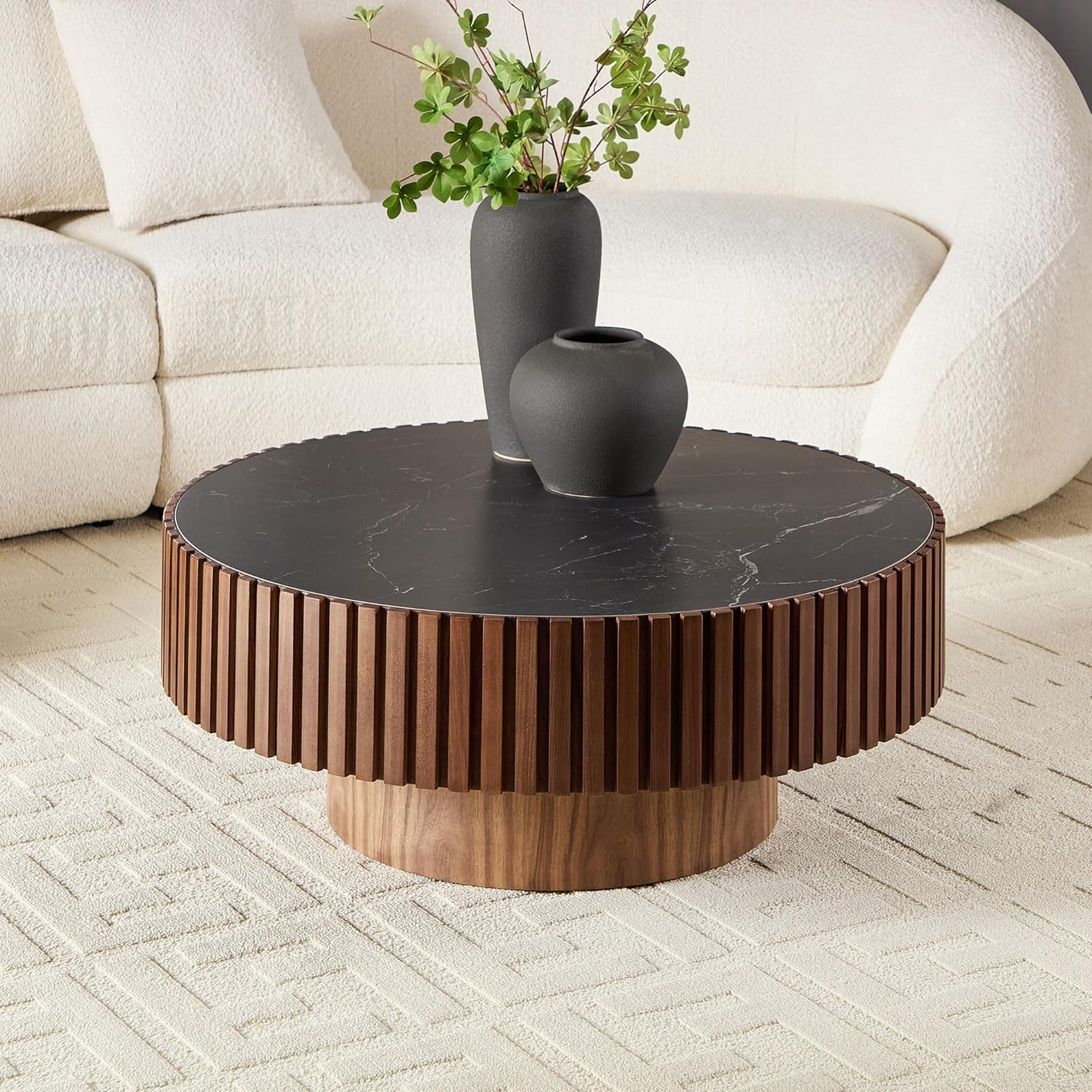 43.7'' Oval Wood Coffee Table,Modern Handcraft Drum Coffee Table for Living Room, Small Center Table with Sturdy Pedestal(Oak, L43.7 x W24.8 x H13.38)