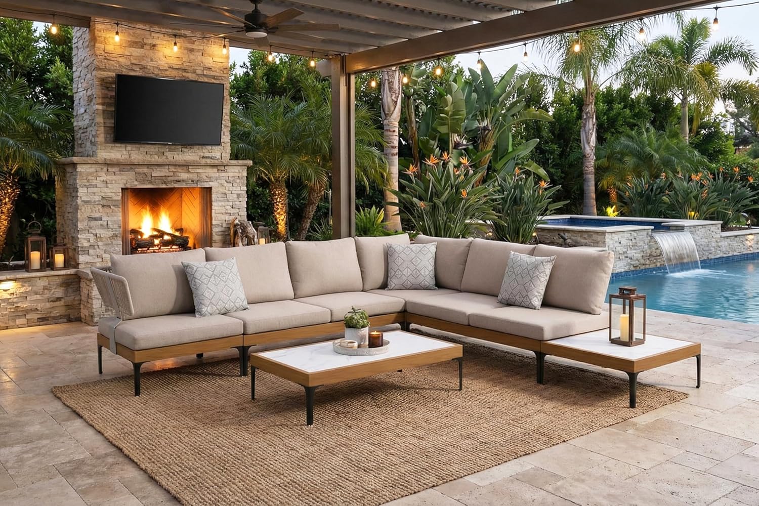 4 Pieces Patio Conversation Furniture Set Outdoor Aluminum Modern Wicker Sofa Chairs Sets with Coffee Table for Balcony Yard Garden Poolside, Cushions and Pillows Included