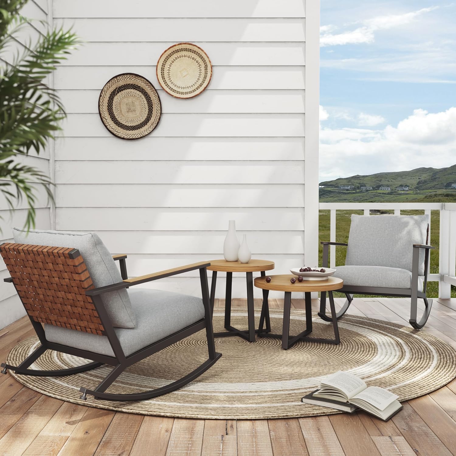 Grand patio Outdoor Rocking Chairs, 2-Piece Loveseat Leather-Look Patio Bistro Set Outdoor Furniture Conversation Sets，4.75'' Grey Cushions
