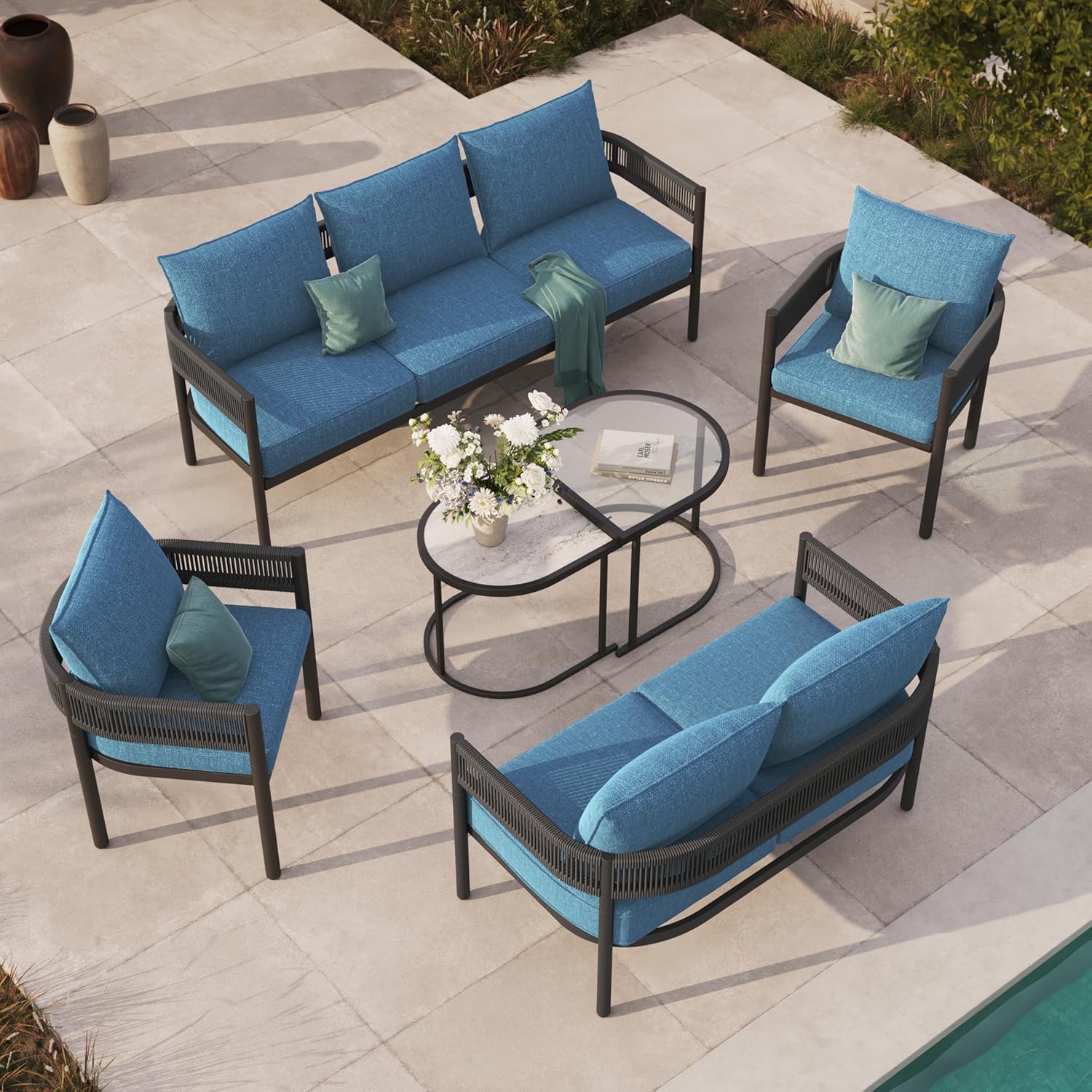 Grand patio 5-Piece Outdoor Furniture Set, 4 Seats Wicker Sofa Conversation Set with Thick Cushions and Coffee Table, for Backyard, Balcony, Garden (Peacock Blue)