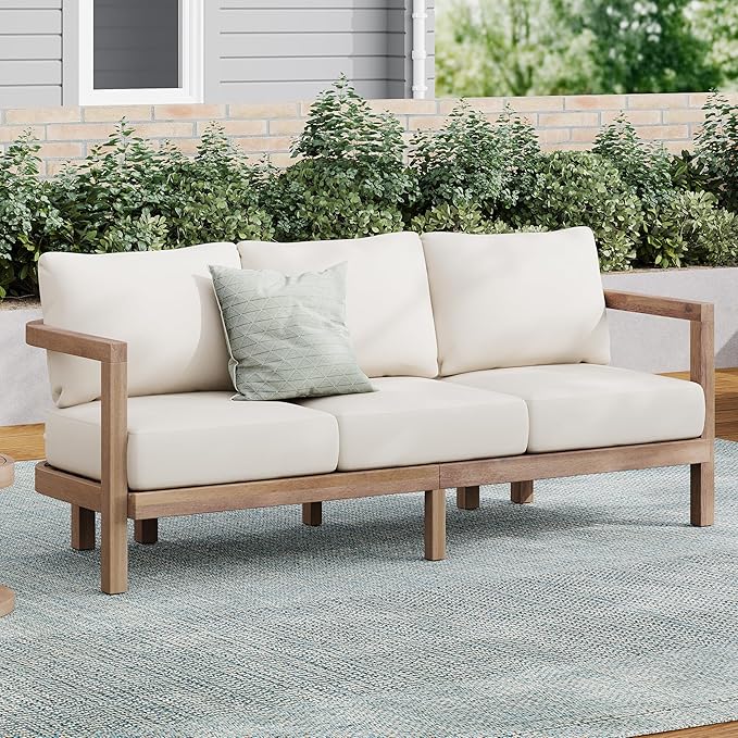Home Havets 74.75"W Outdoor 3 Seater Sofa, 6" Thick Cushion Couch, Acacia Wood Bench Sofa, Slats Panel Open Back, Spacious Seating Bench Couch for Backyard Garden Porch, Brown+Beige