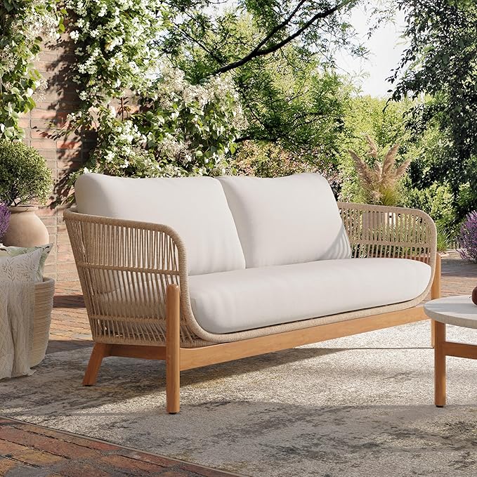 New Classic Furniture Solstice Wood Rope Patio Loveseat in Linen Beige
