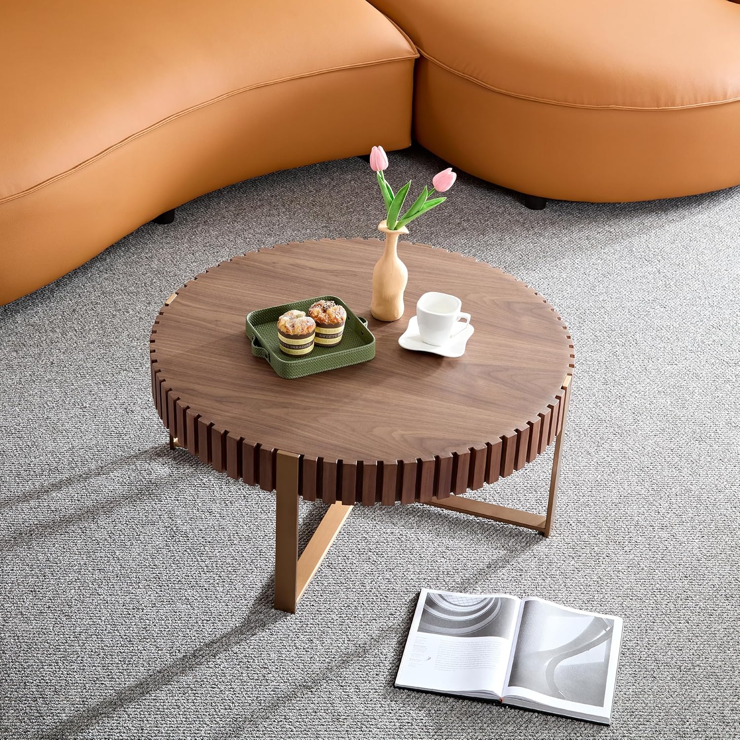 43.7'' Oval Wood Coffee Table,Modern Handcraft Drum Coffee Table for Living Room, Small Center Table with Sturdy Pedestal(Oak, L43.7 x W24.8 x H13.38)