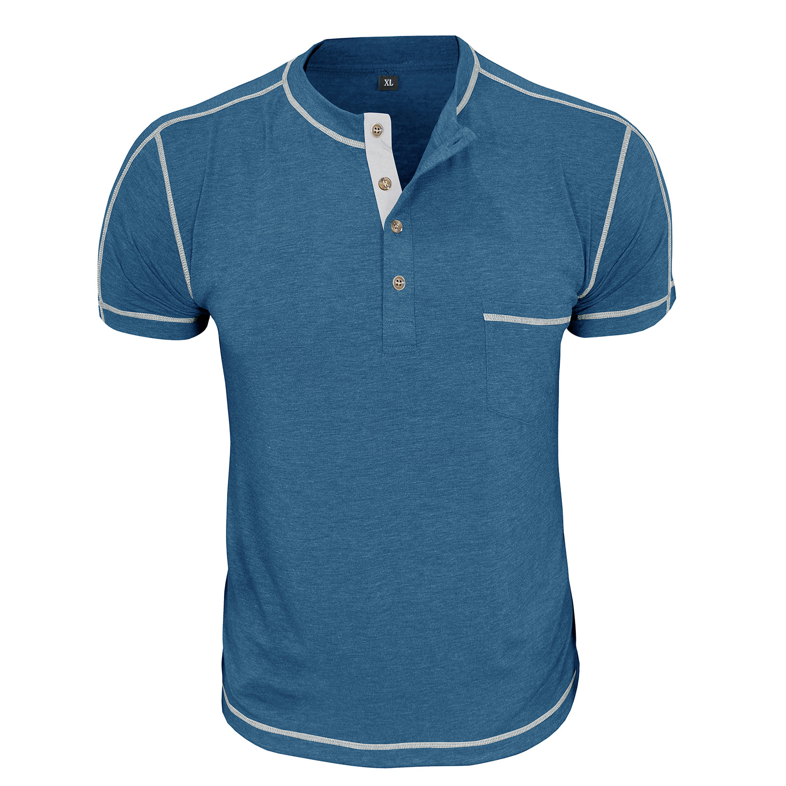 Men's Fashion Contrast-Color Short-Sleeve Henley Base Layer T-Shirt with Round Neck