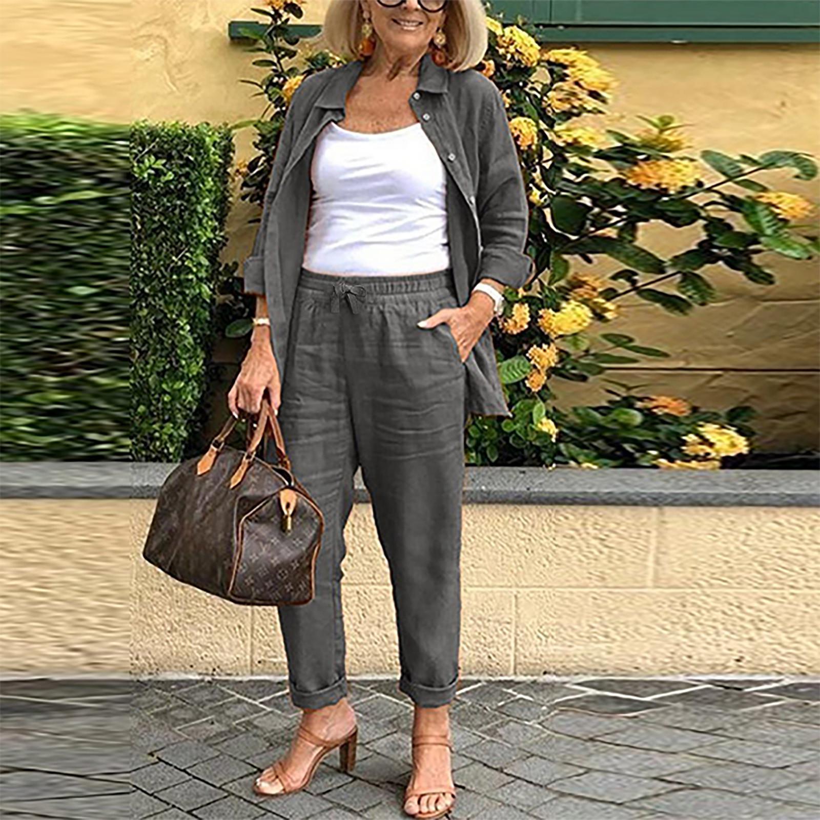 Women's retro loose long sleeve shirt belt solid color Harlan suit