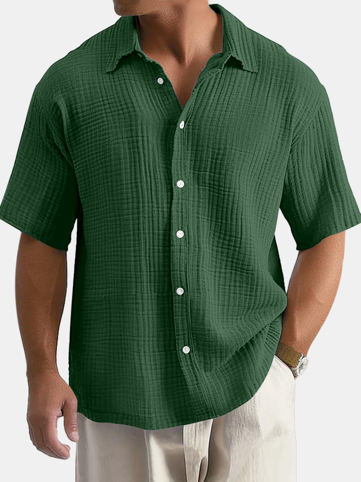 Men's Casual Cotton Short-sleeved Shirt with Lapel