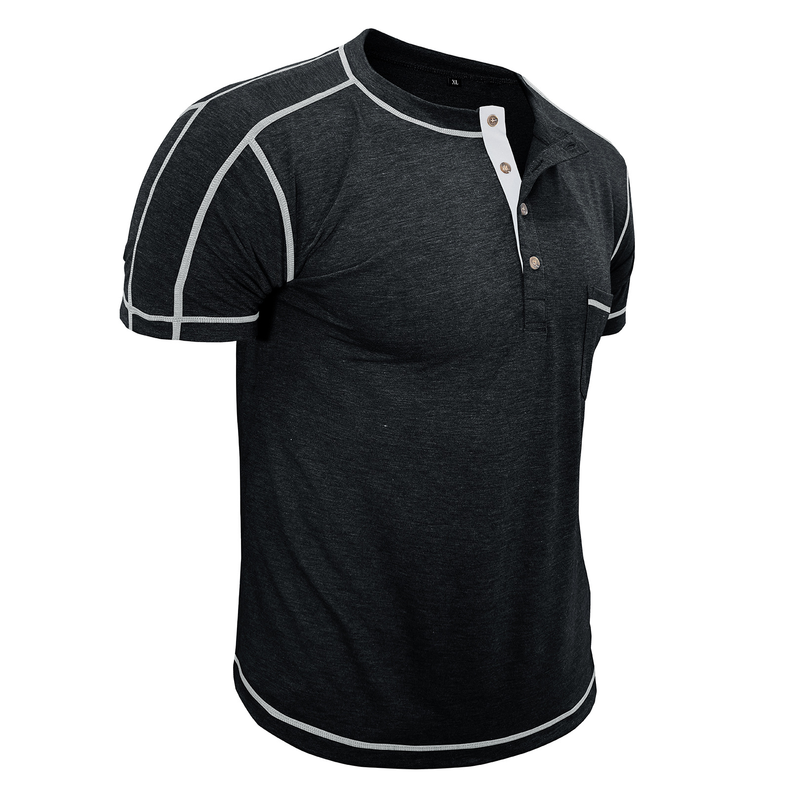 Men's Fashion Contrast-Color Short-Sleeve Henley Base Layer T-Shirt with Round Neck