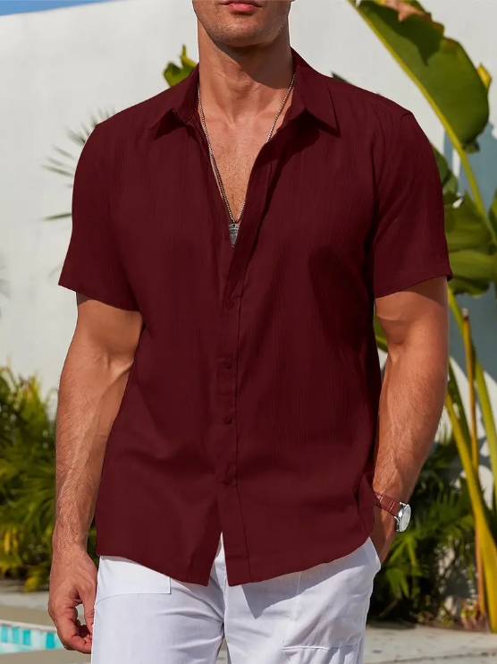 Men's casual cotton striped jacquard beach short-sleeve shirt