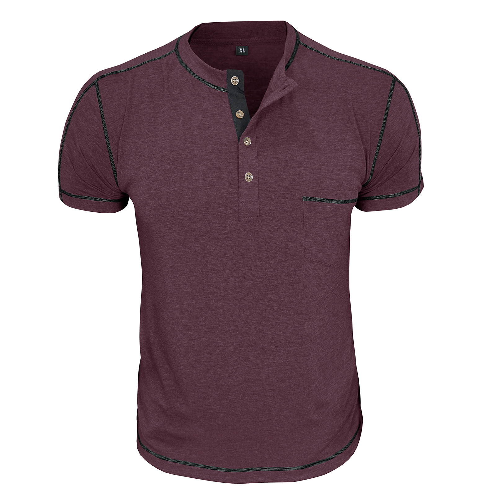 Men's Fashion Contrast-Color Short-Sleeve Henley Base Layer T-Shirt with Round Neck