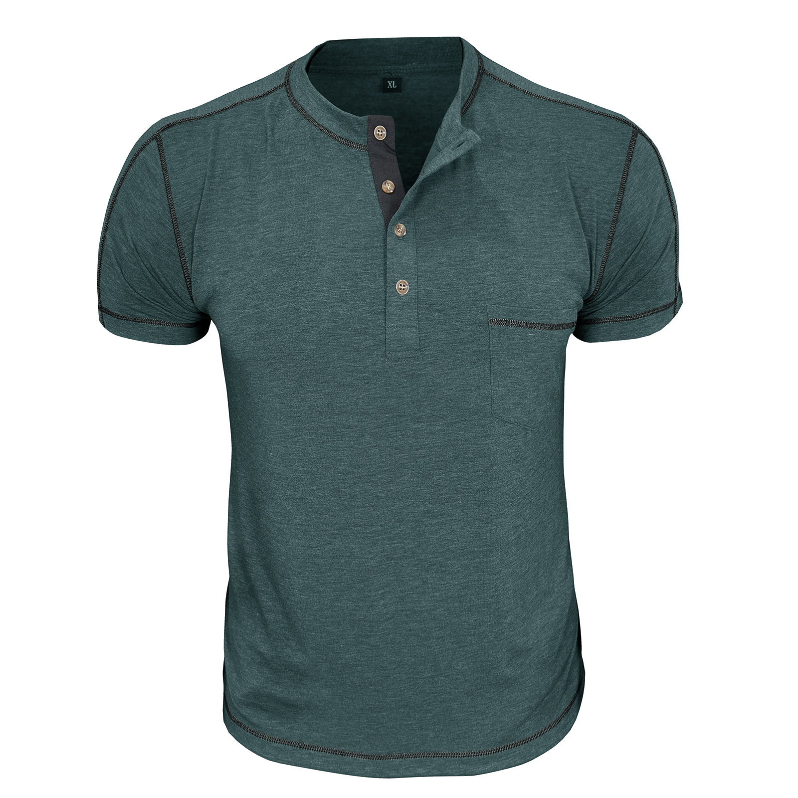 Men's Fashion Contrast-Color Short-Sleeve Henley Base Layer T-Shirt with Round Neck