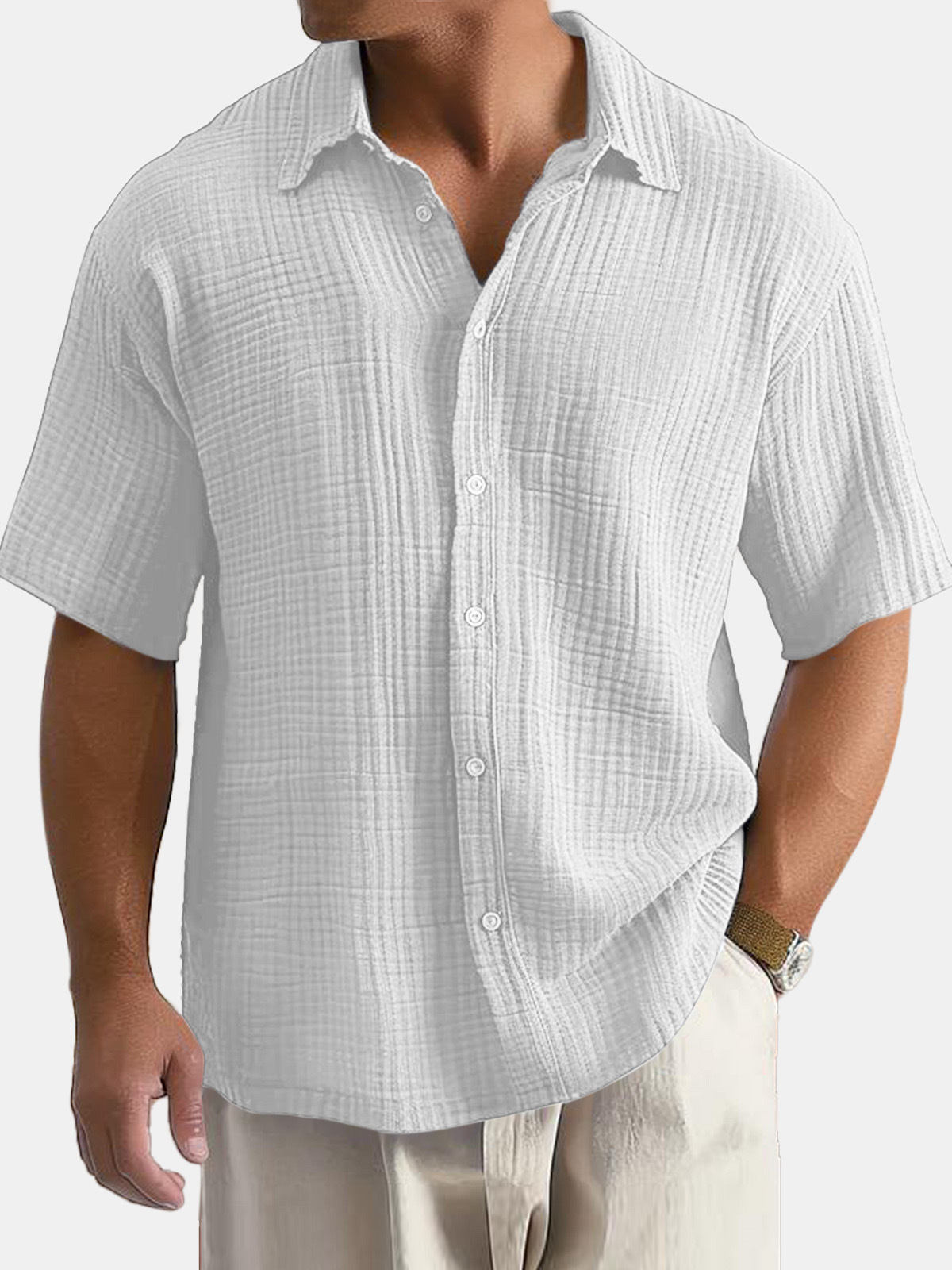 Men's Casual Cotton Short-sleeved Shirt with Lapel