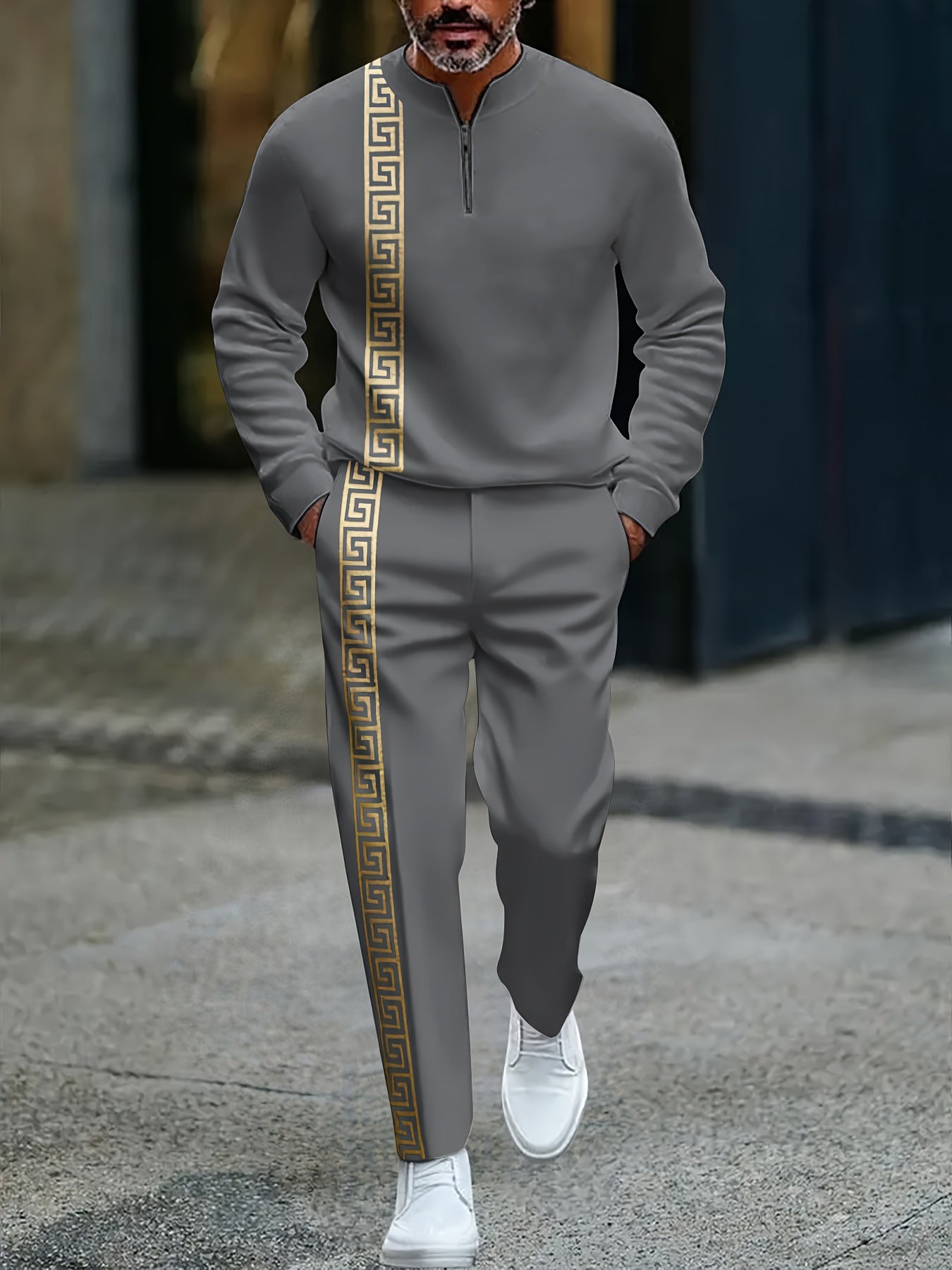 Men's fashion casual zipper stand up collar long sleeved pants set