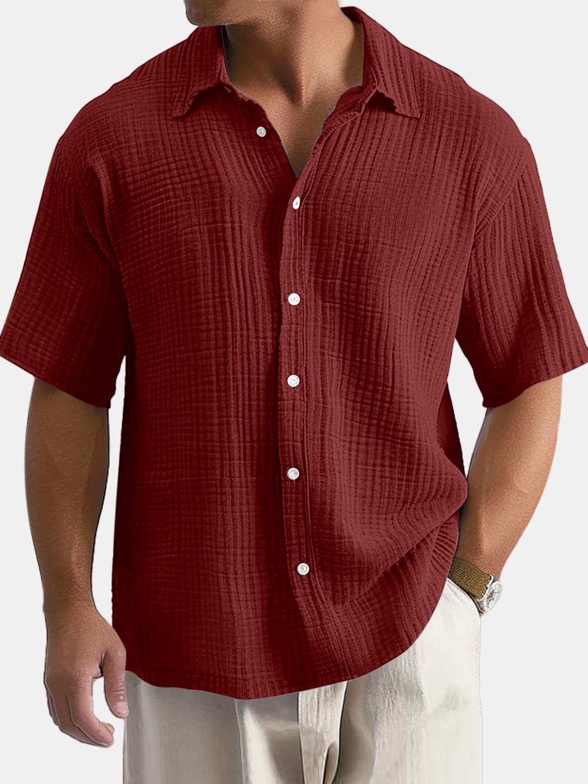 Men's Casual Cotton Short-sleeved Shirt with Lapel