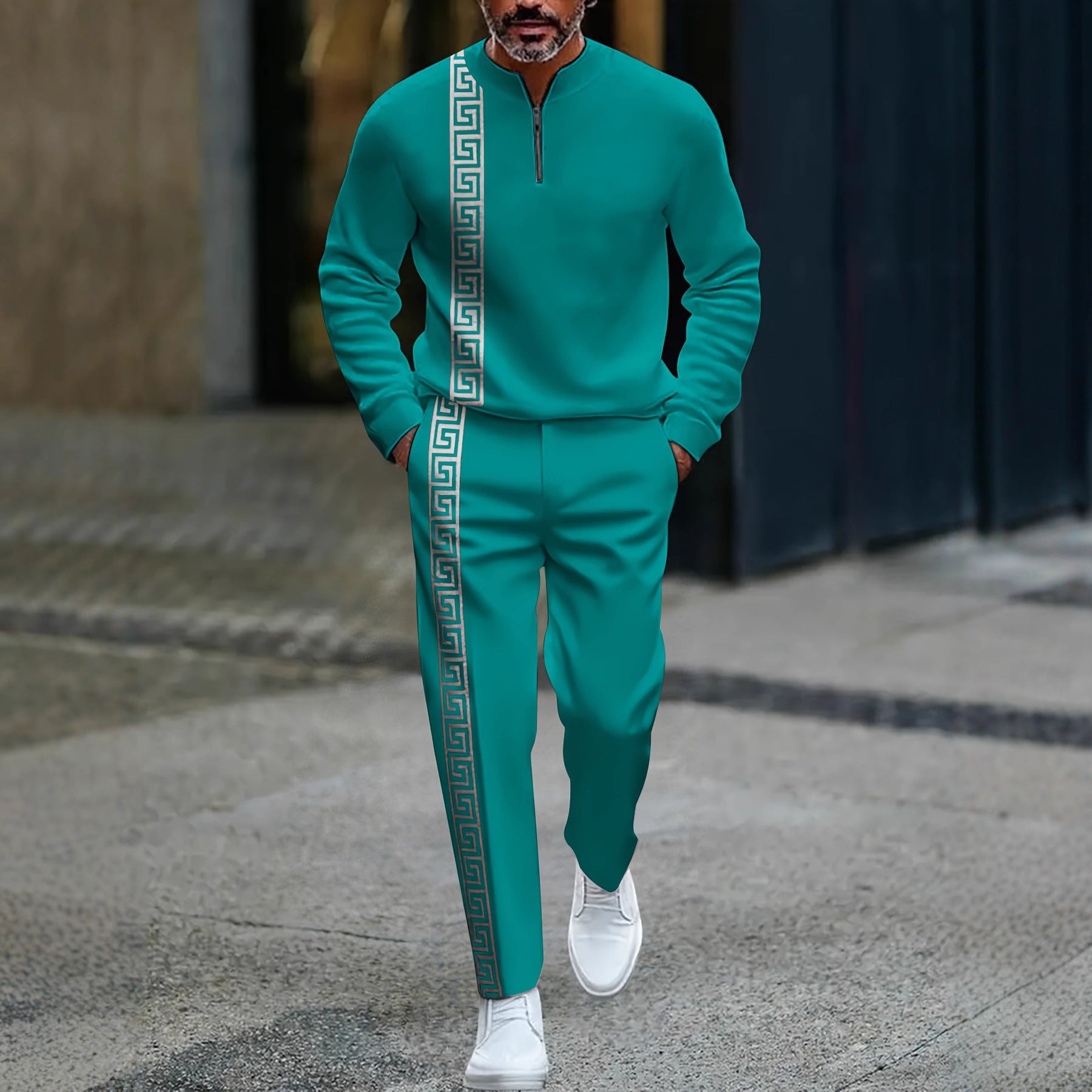 Men's fashion casual zipper stand up collar long sleeved pants set