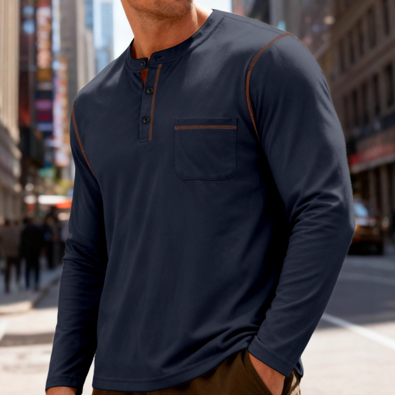 Premium Herren Henley-Shirt aus Baumwolle – Langarmshirt mit Kontrastnähten, Regular Fit